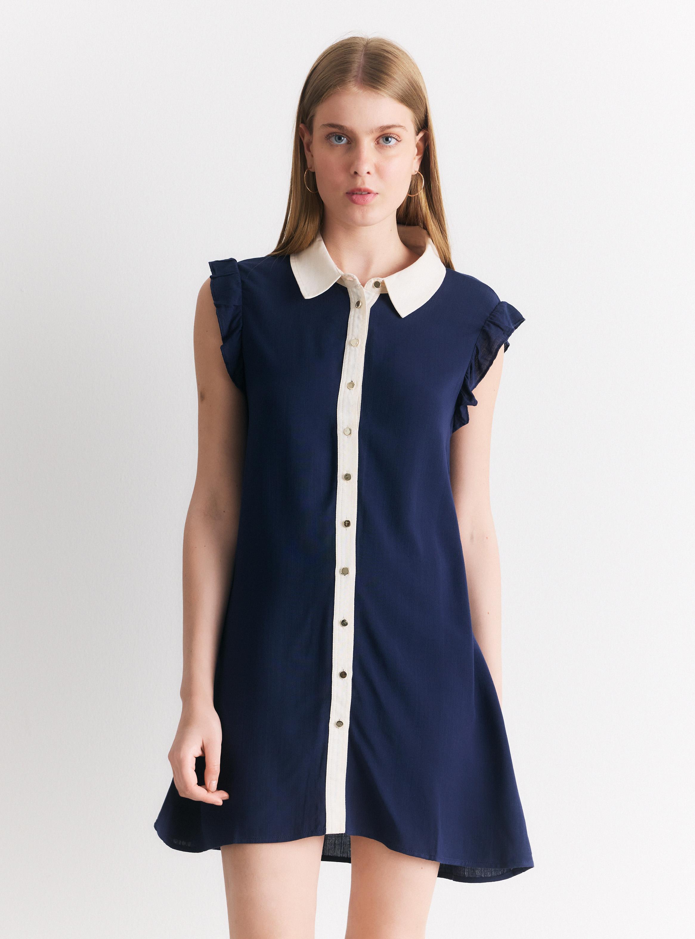 Vestido Manga Volado Cuello Camisero Contrastado-0