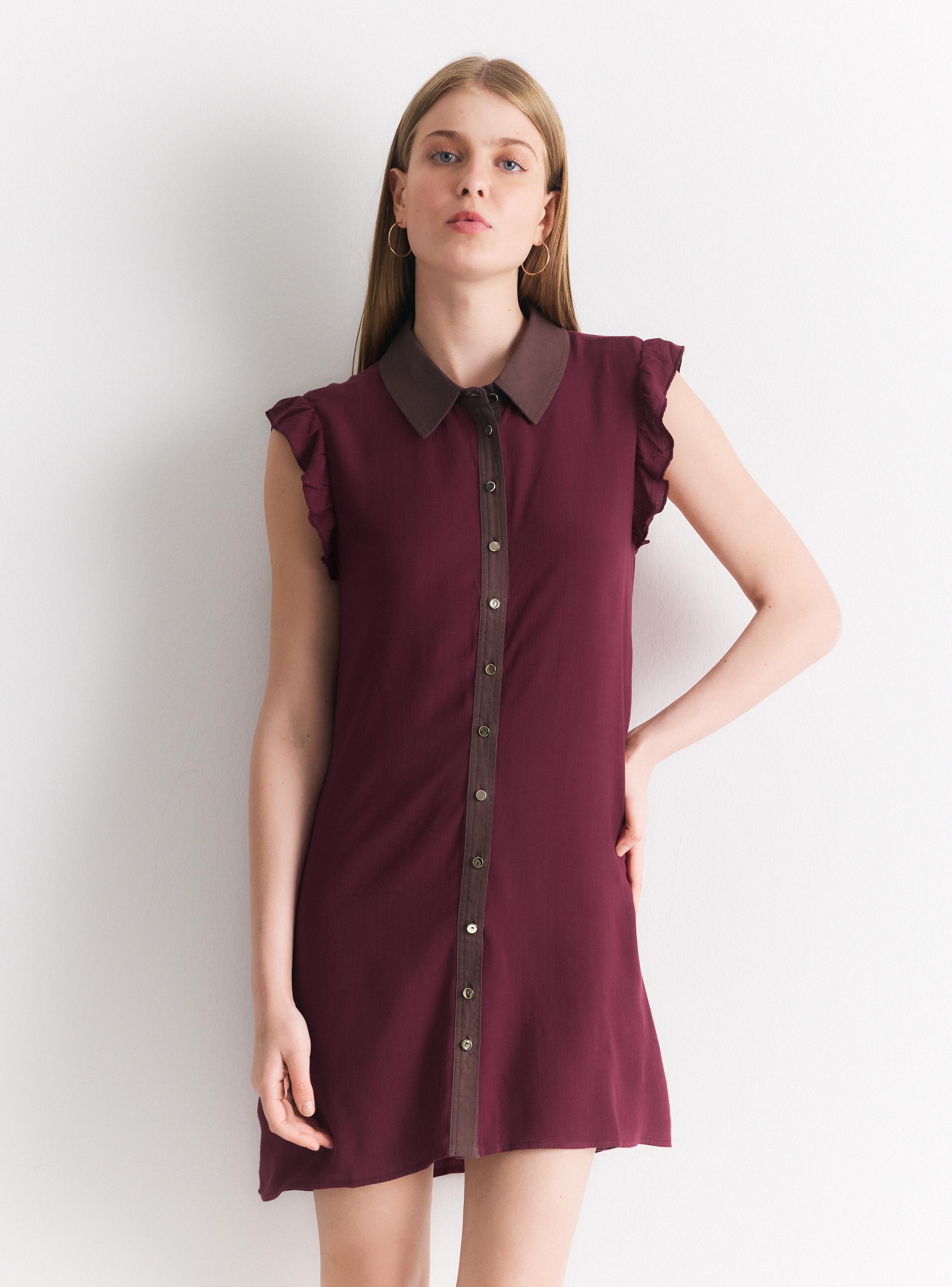 Vestido Manga Volado Cuello Camisero Contrastado-0