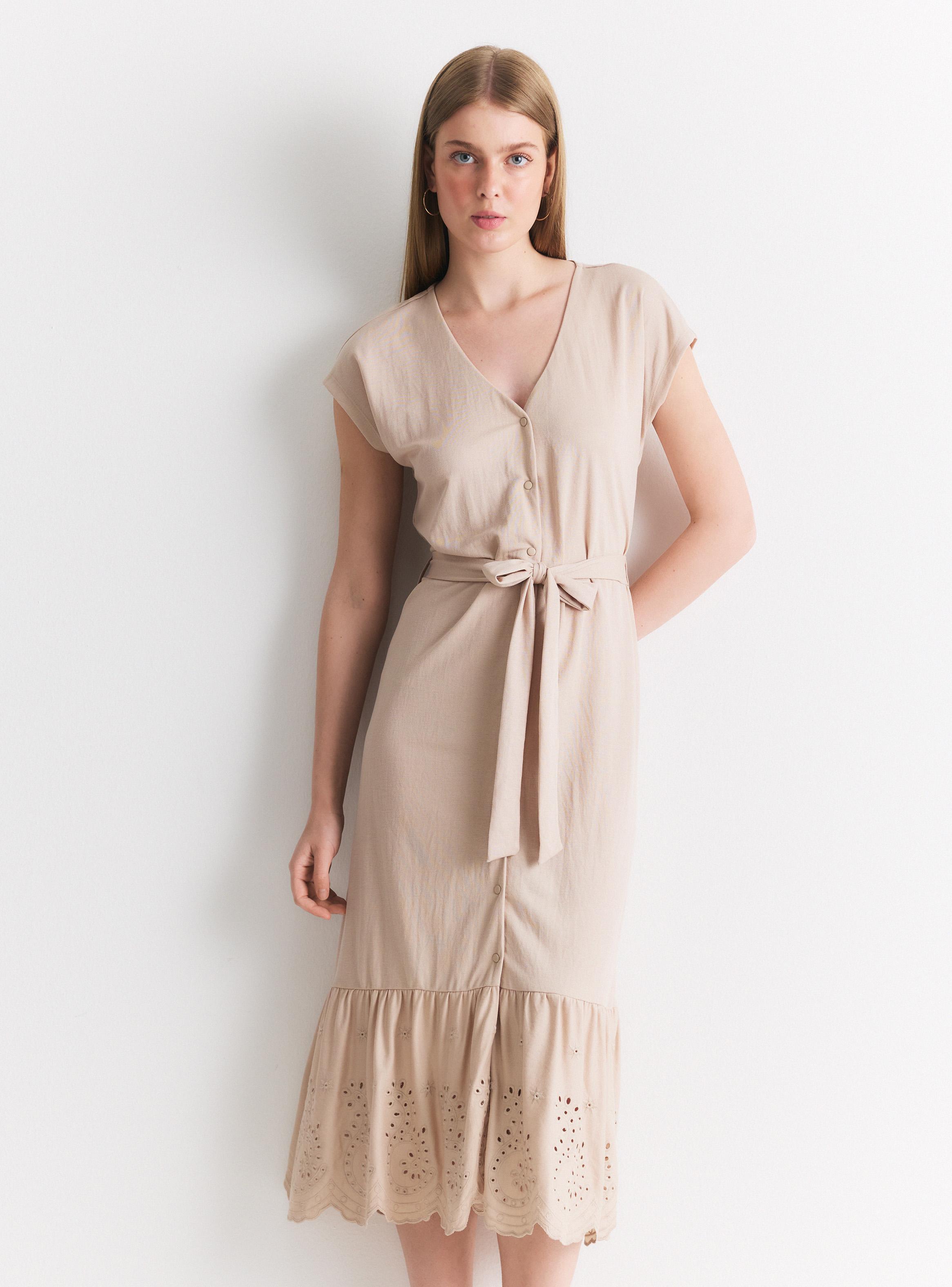 Vestido Midi Manga Corta Cuello V con Botones y Lazo-0