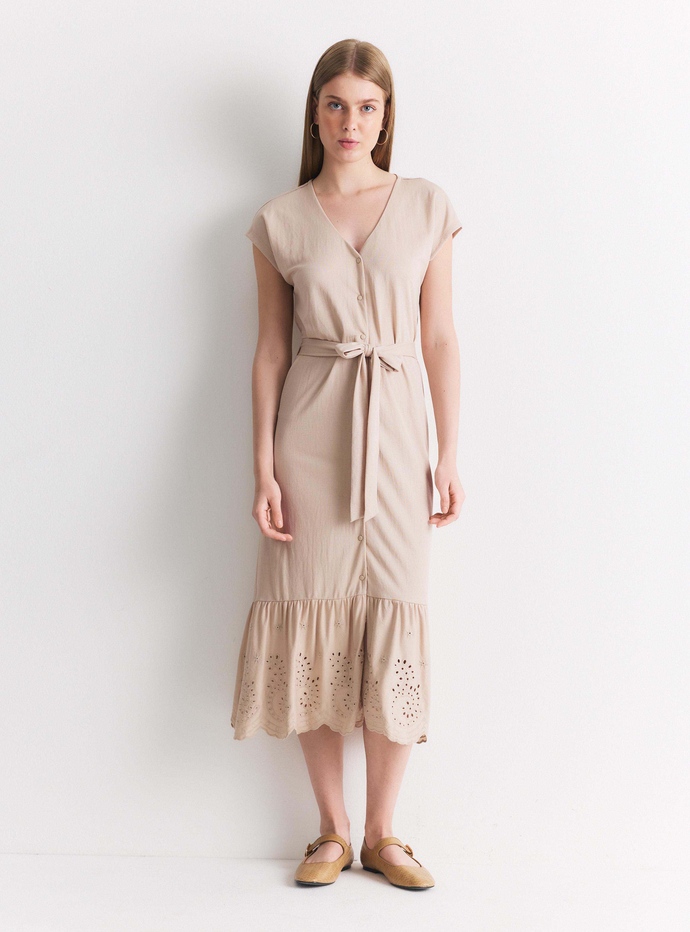 Vestido Midi Manga Corta Cuello V con Botones y Lazo-4
