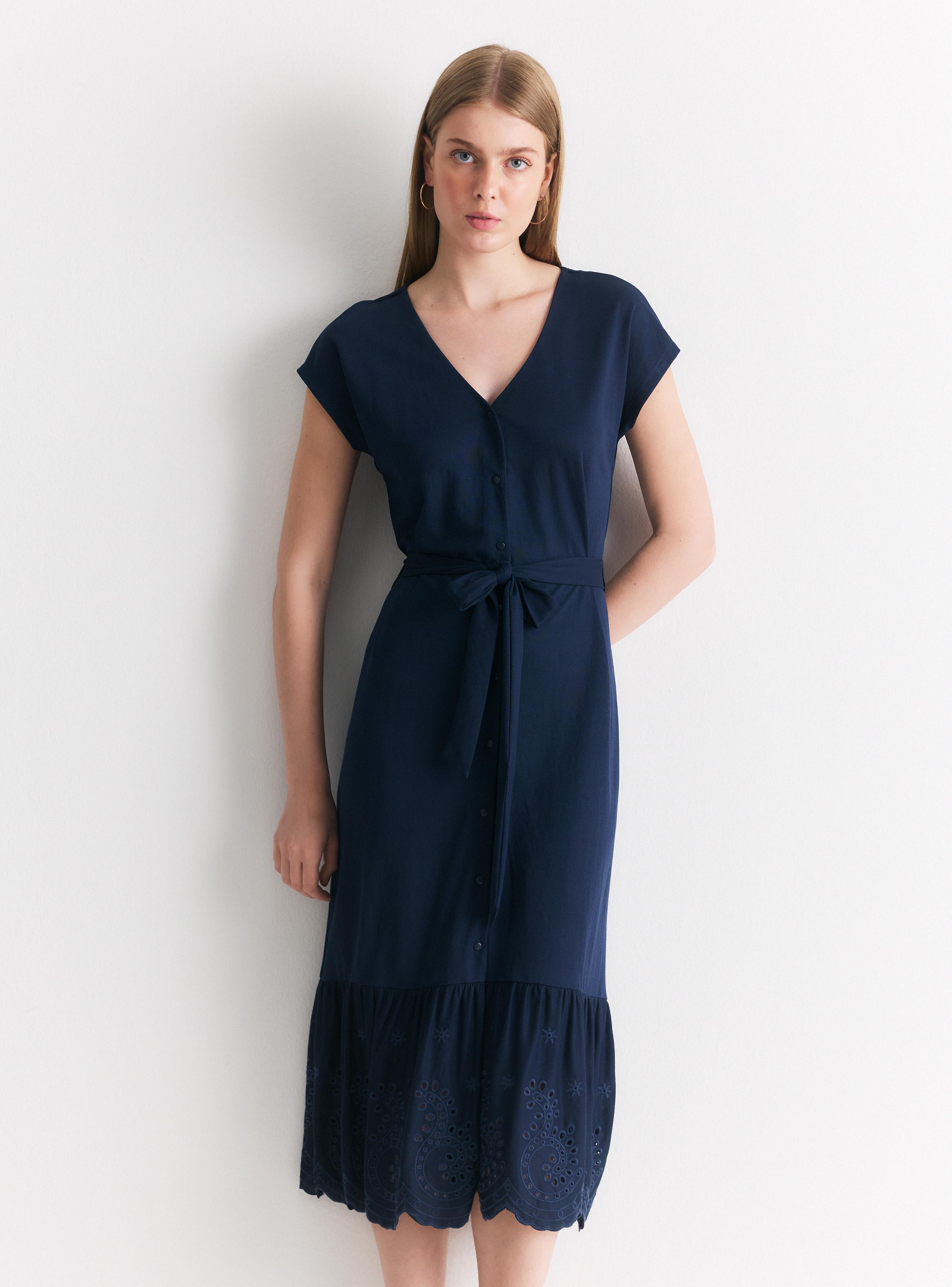 Vestido Midi Manga Corta Cuello V con Botones y Lazo-0
