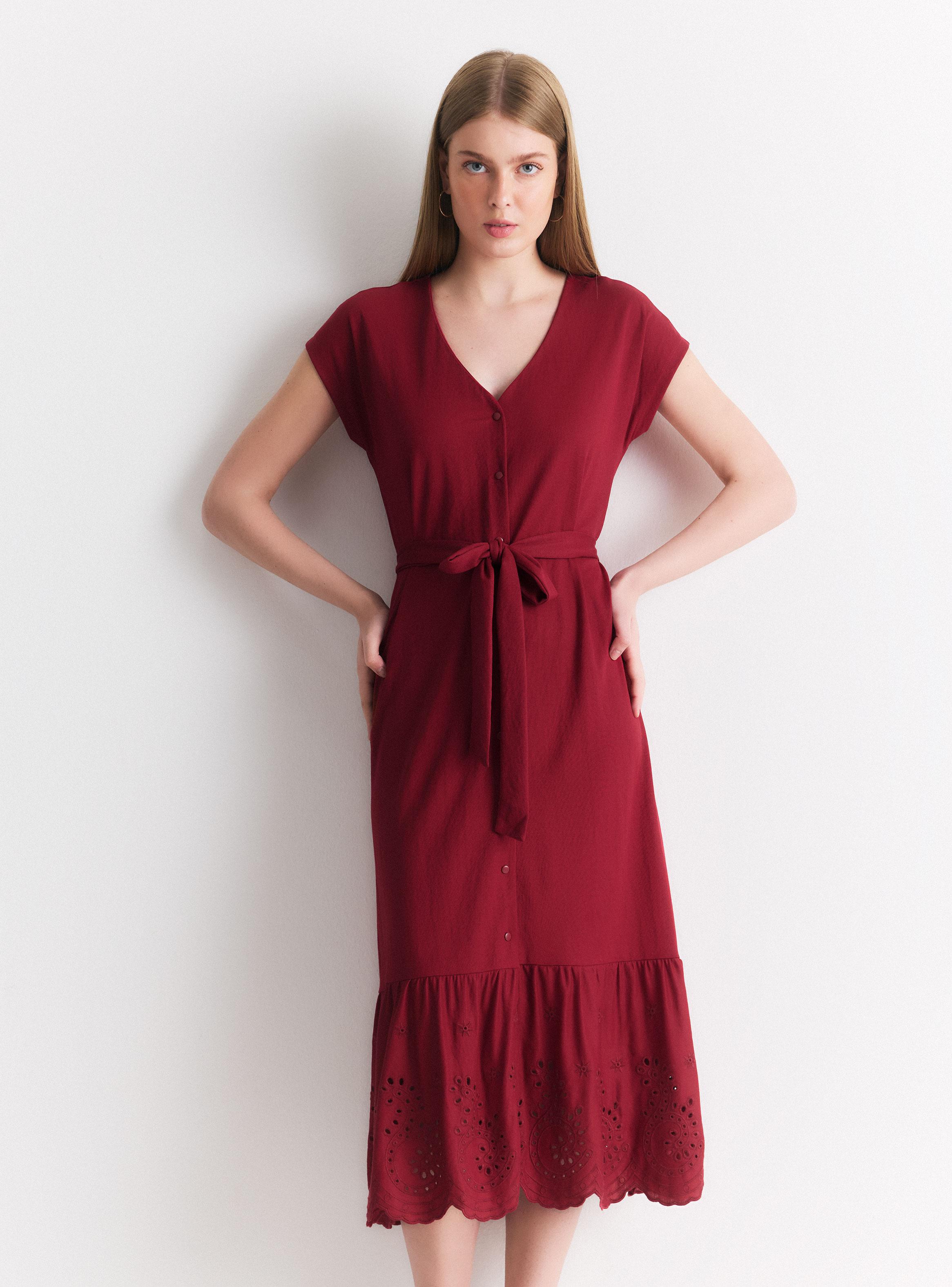Vestido Midi Manga Corta Cuello V con Botones y Lazo-0