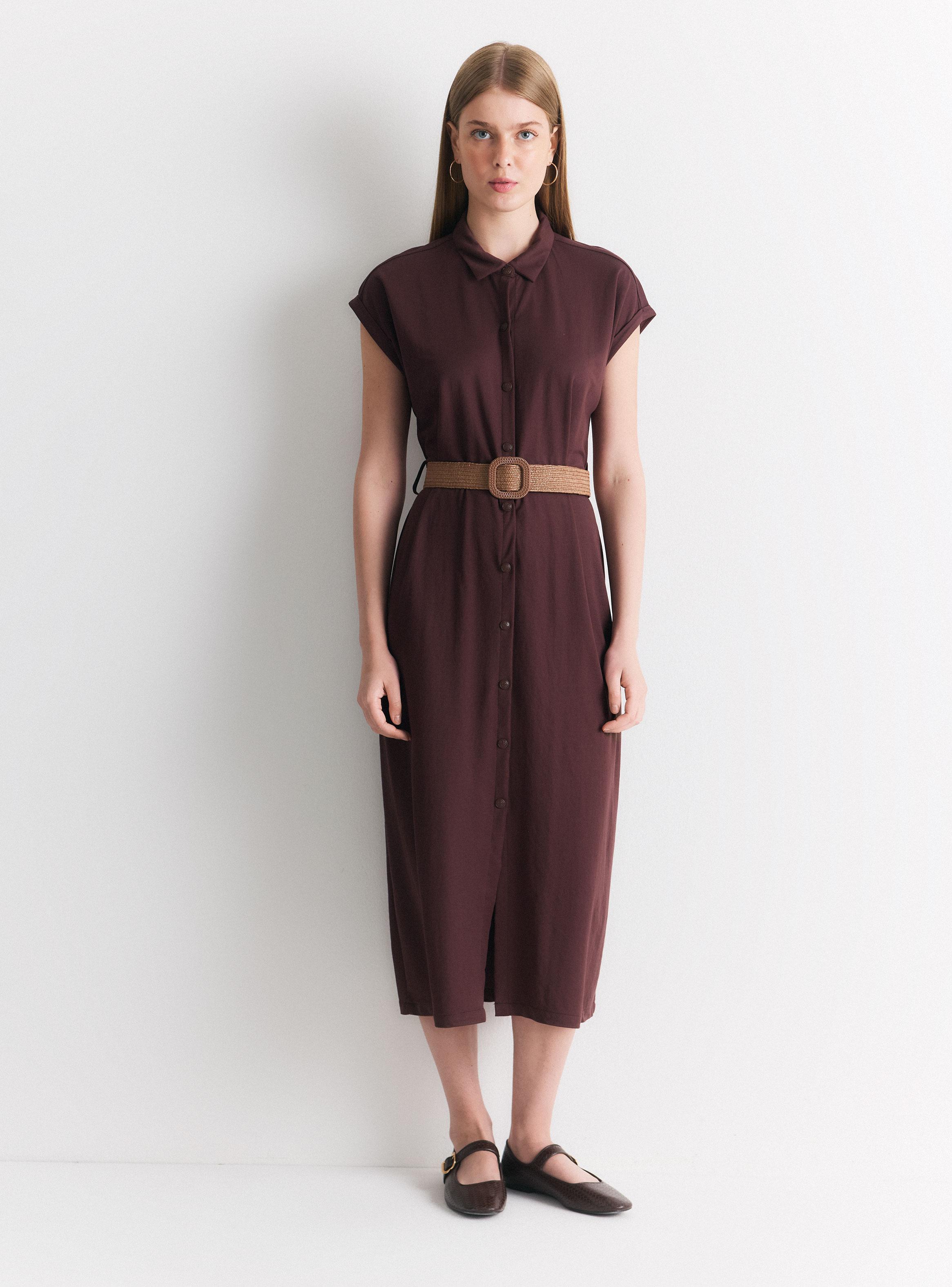 Vestido Midi Manga Corta Cuello Camisero con Cinturón-4