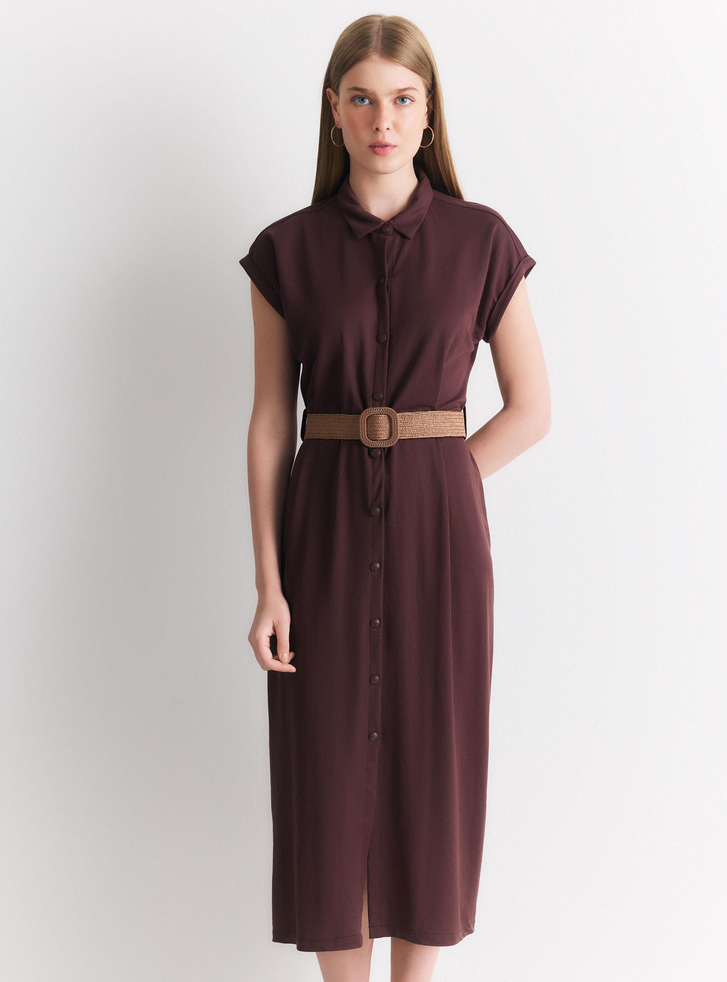 Vestido Midi Manga Corta Cuello Camisero con Cinturón-0