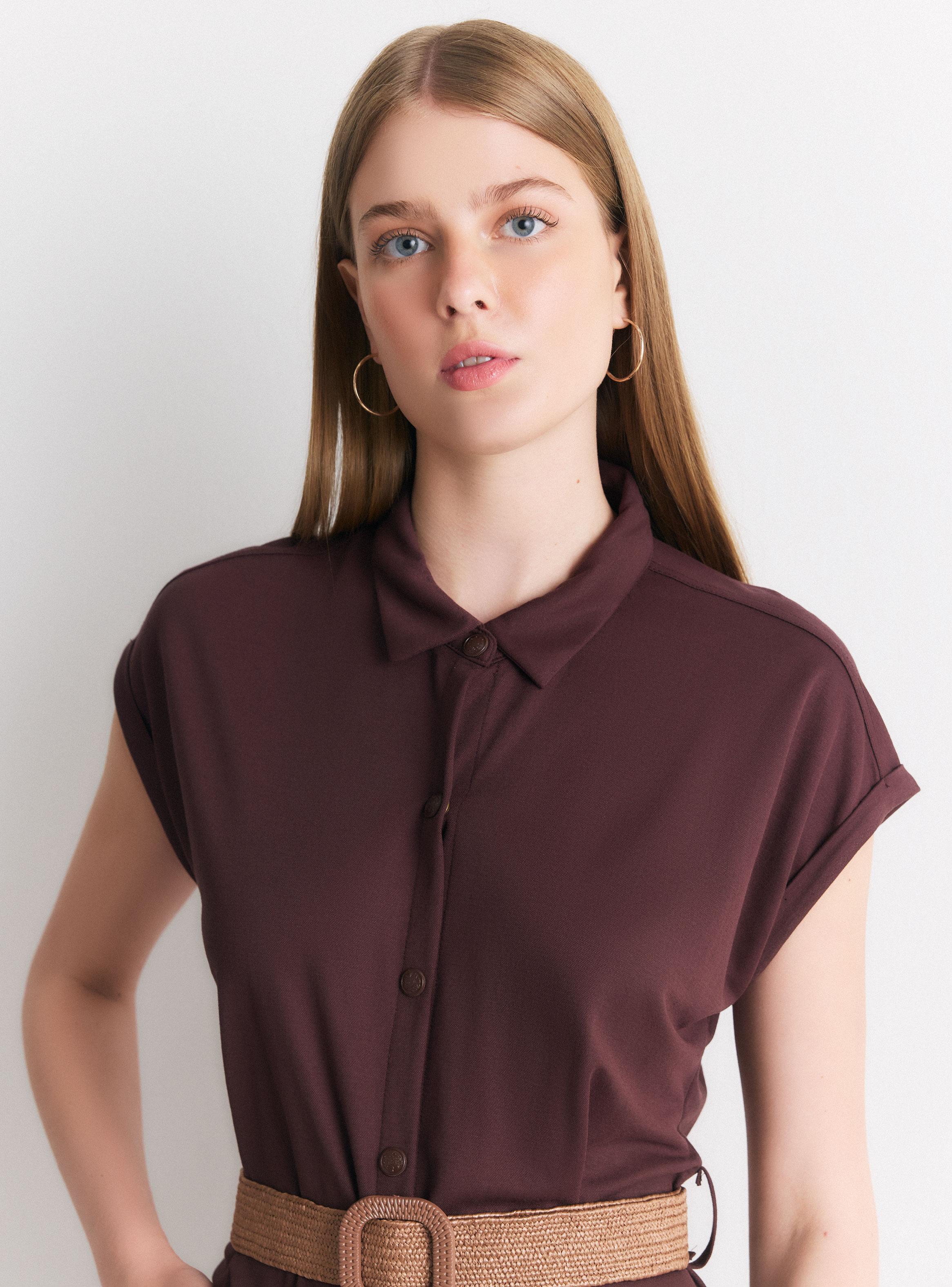 Vestido Midi Manga Corta Cuello Camisero con Cinturón-2