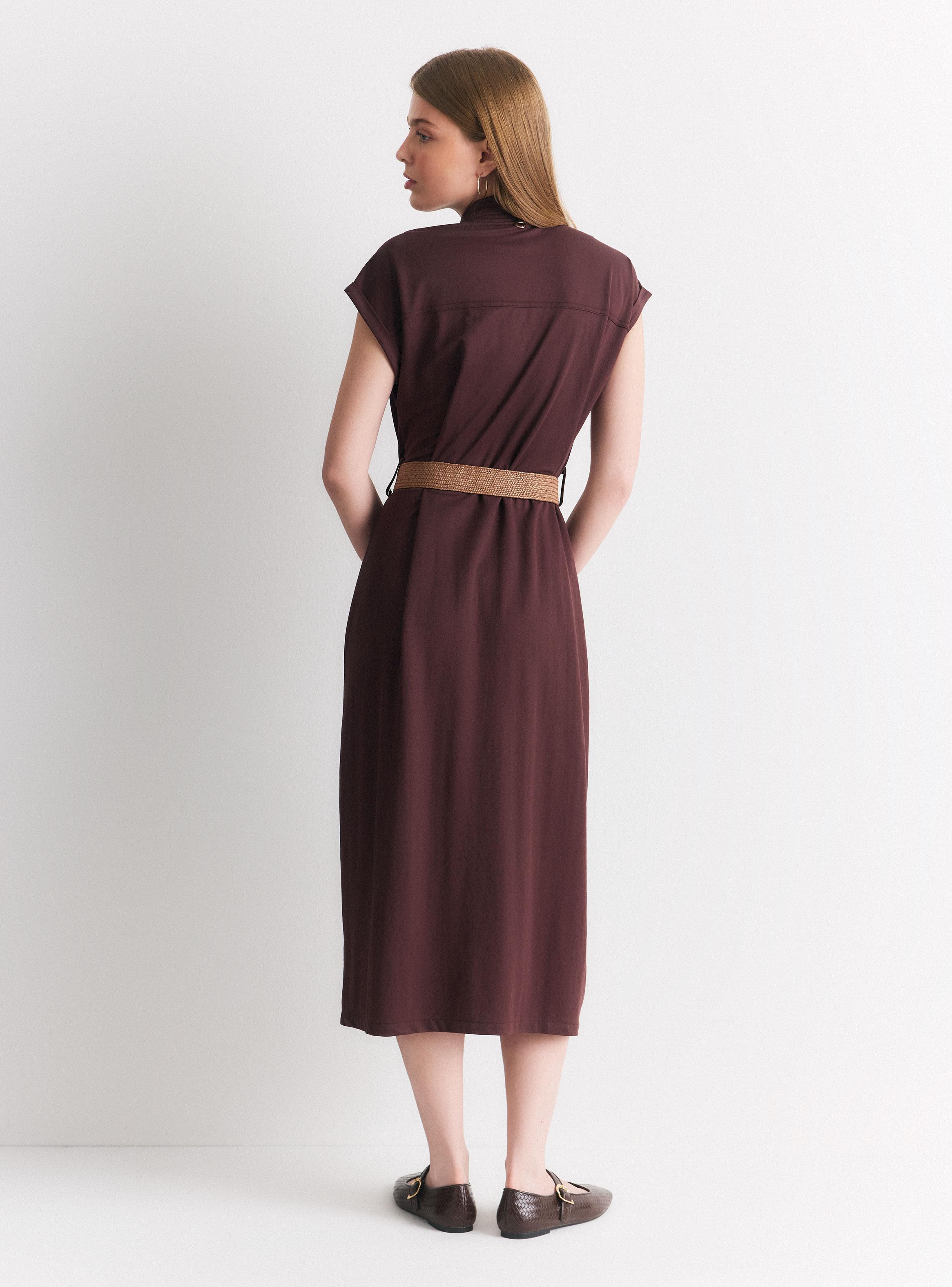Vestido Midi Manga Corta Cuello Camisero con Cinturón-5