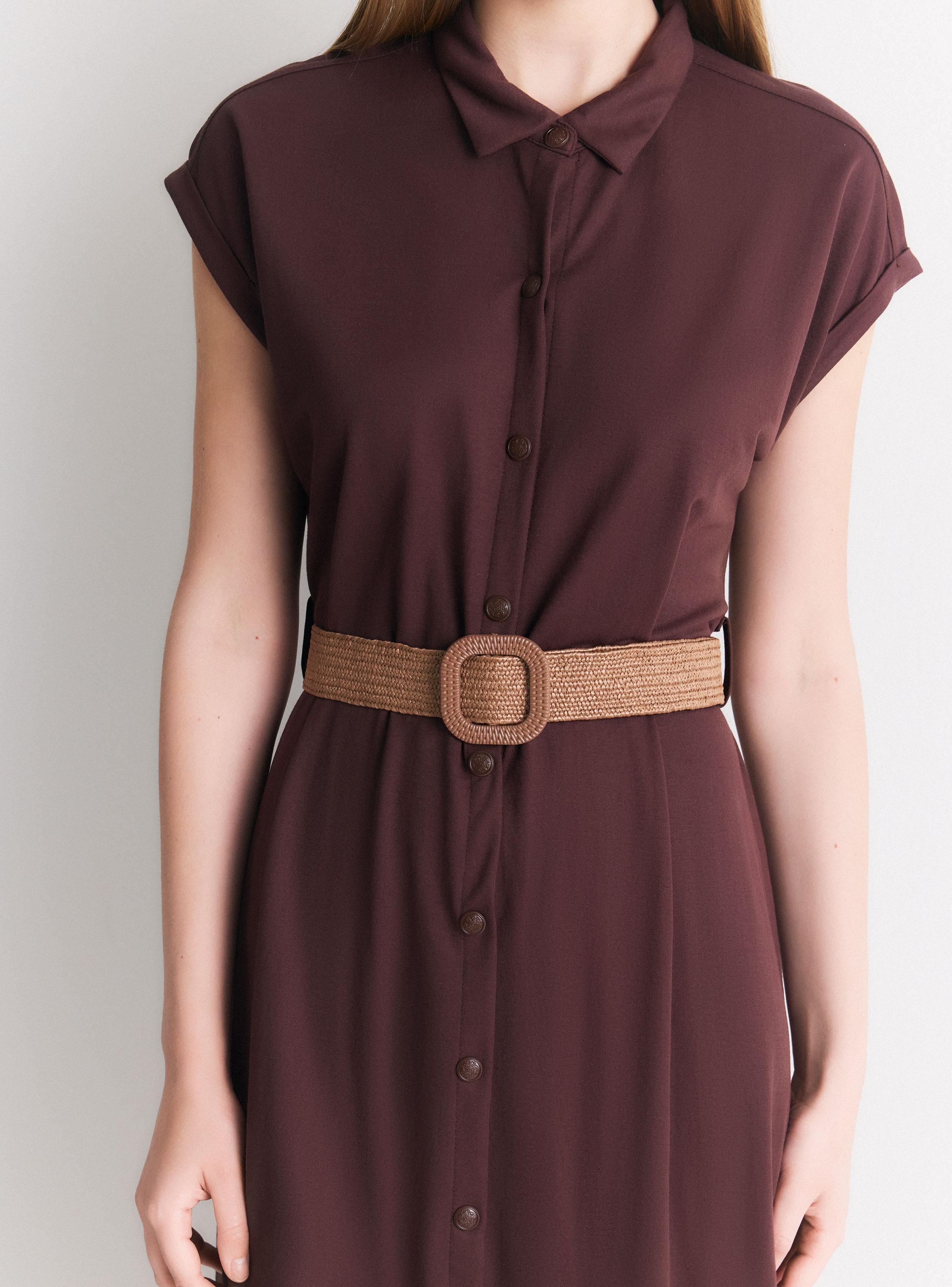 Vestido Midi Manga Corta Cuello Camisero con Cinturón-3