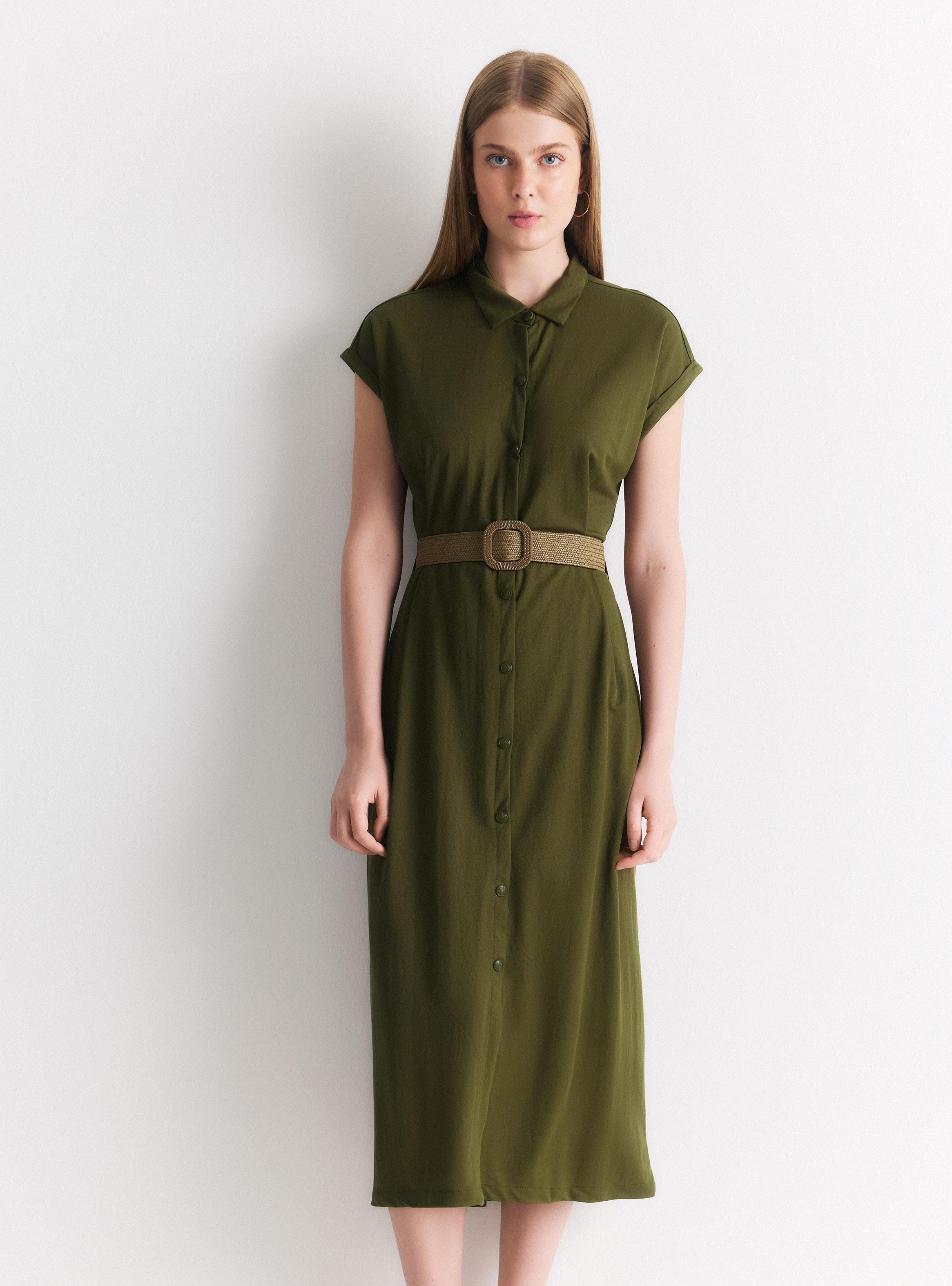 Vestido Midi Manga Corta Cuello Camisero con Cinturón-0