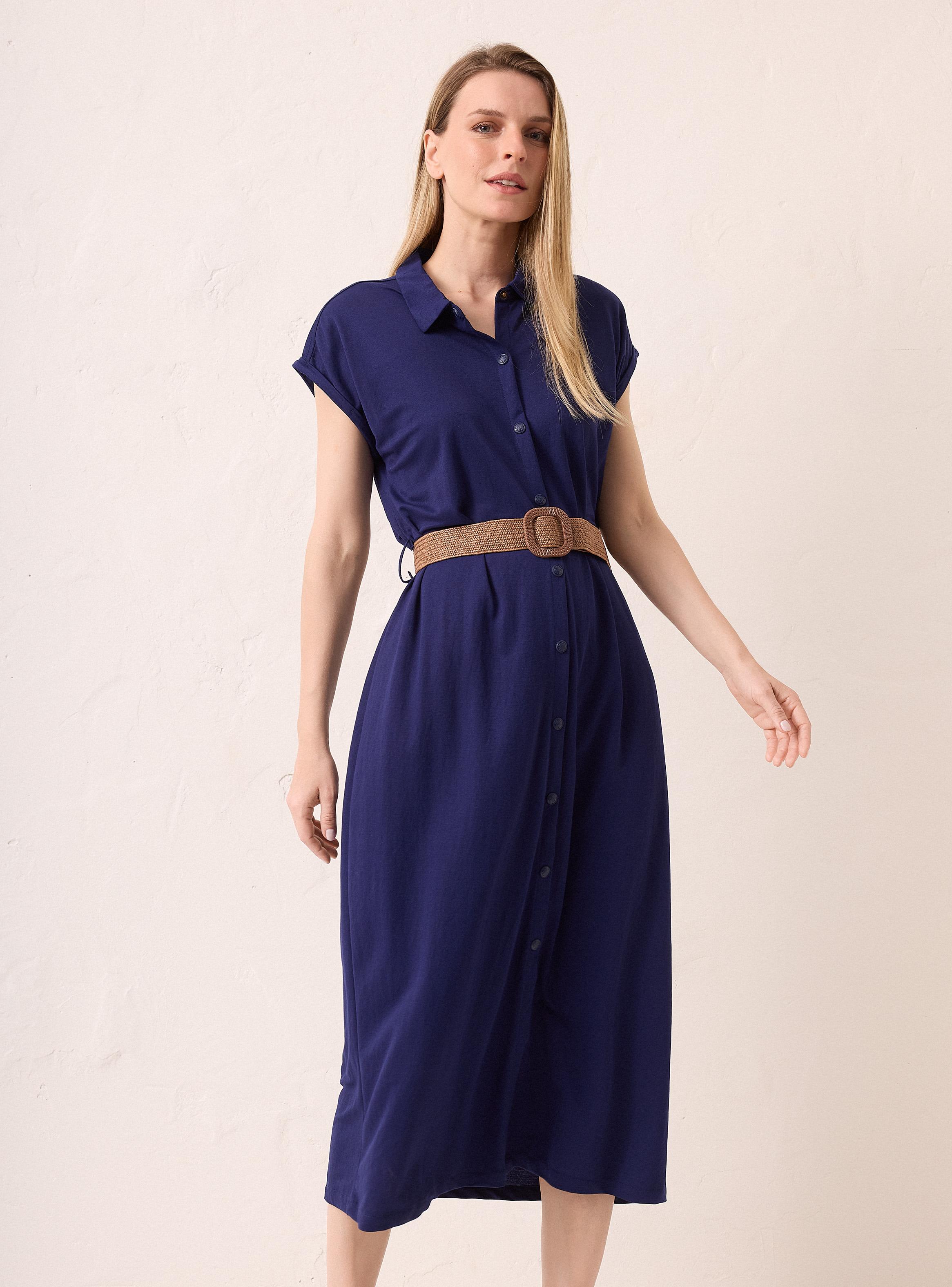 Vestido Midi Manga Corta Cuello Camisero con Cinturón-0