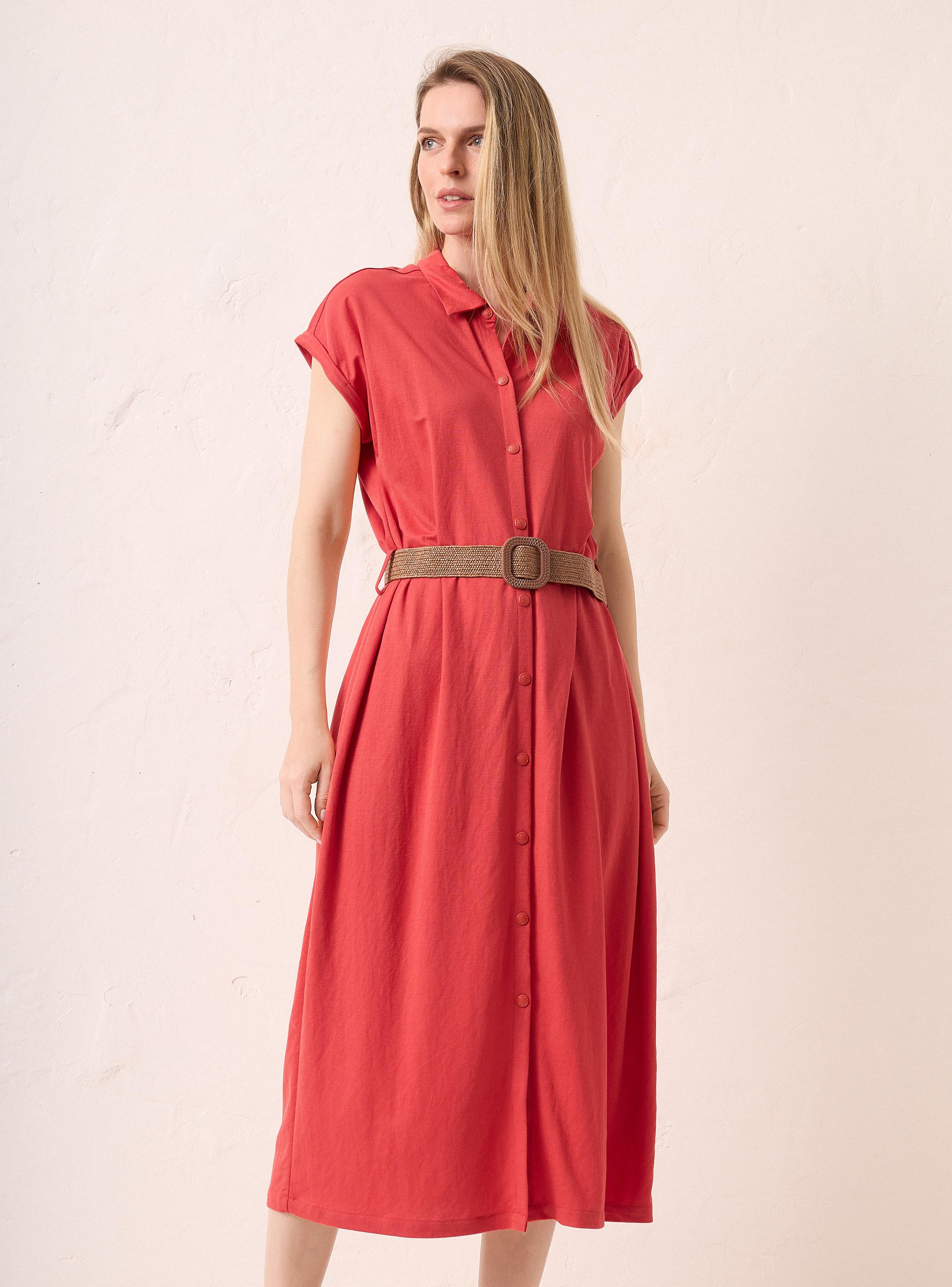 Vestido Midi Manga Corta Cuello Camisero con Cinturón-0