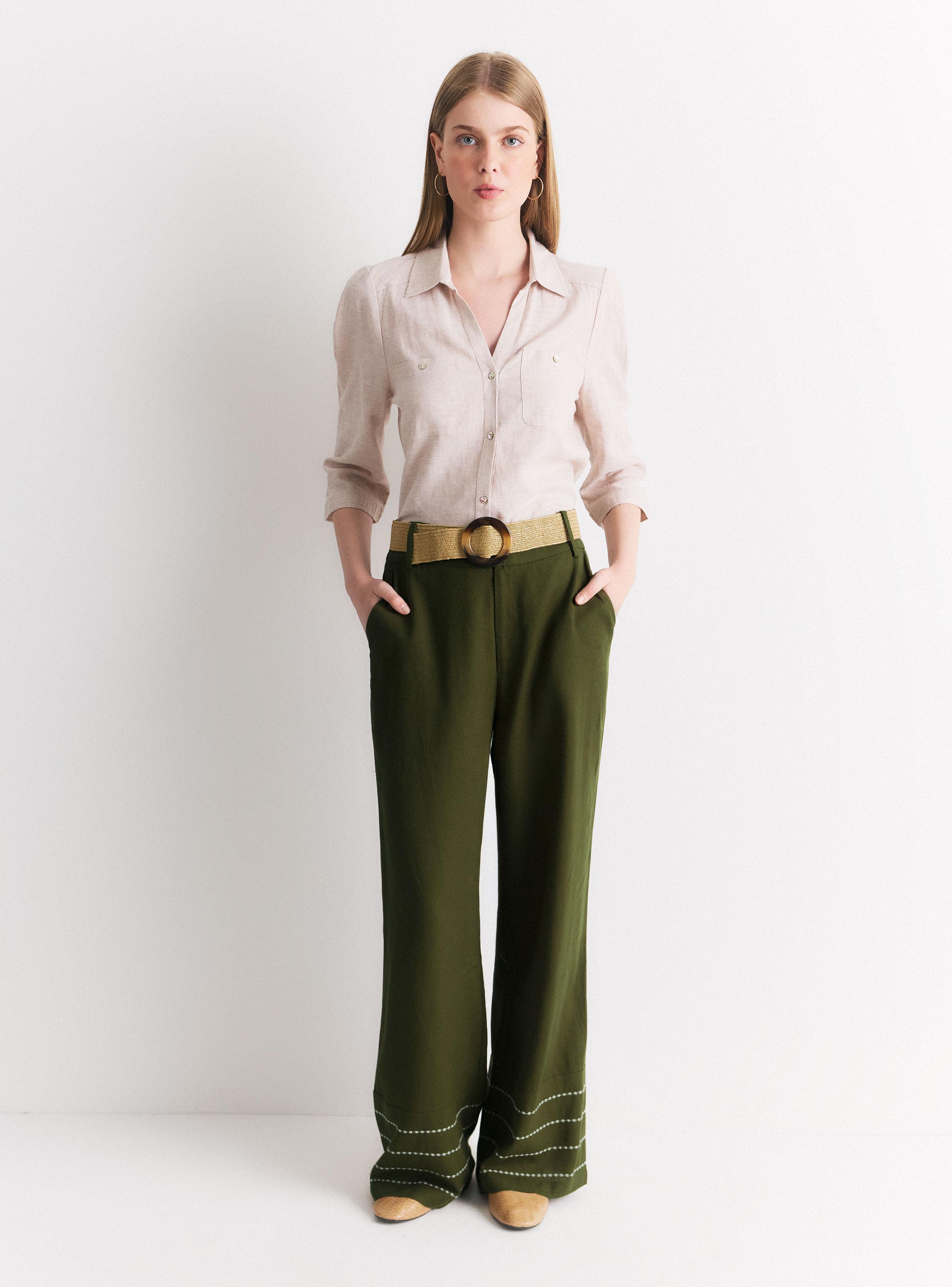 Pantalón Wide Leg con Cinturón Elasticado y Bordados Ruedo-4