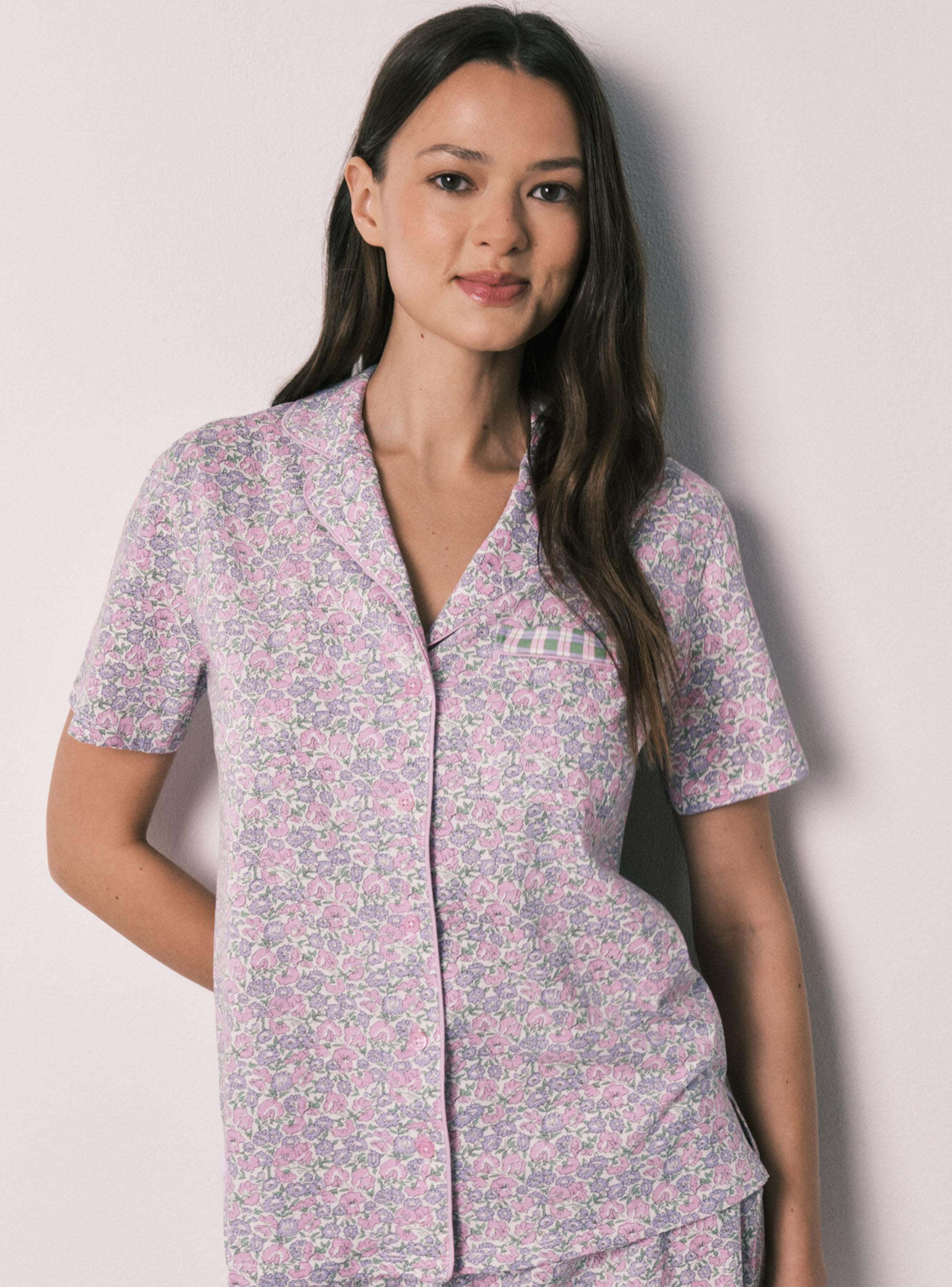 Pijama Corto Camisero Algodón Flores-2