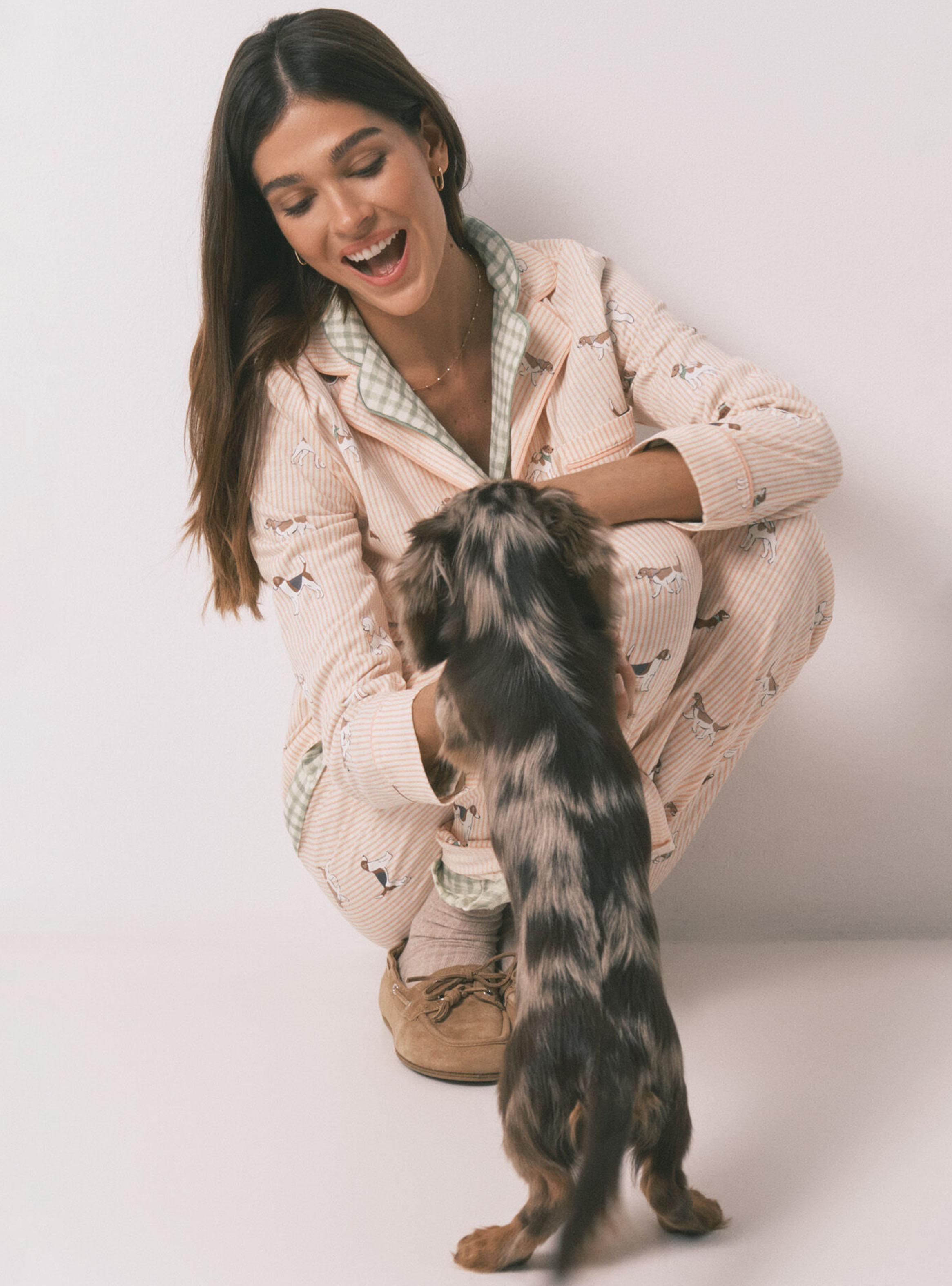 Pijama Camisero Largo Algodón Estampado Rayas y Perritos-2
