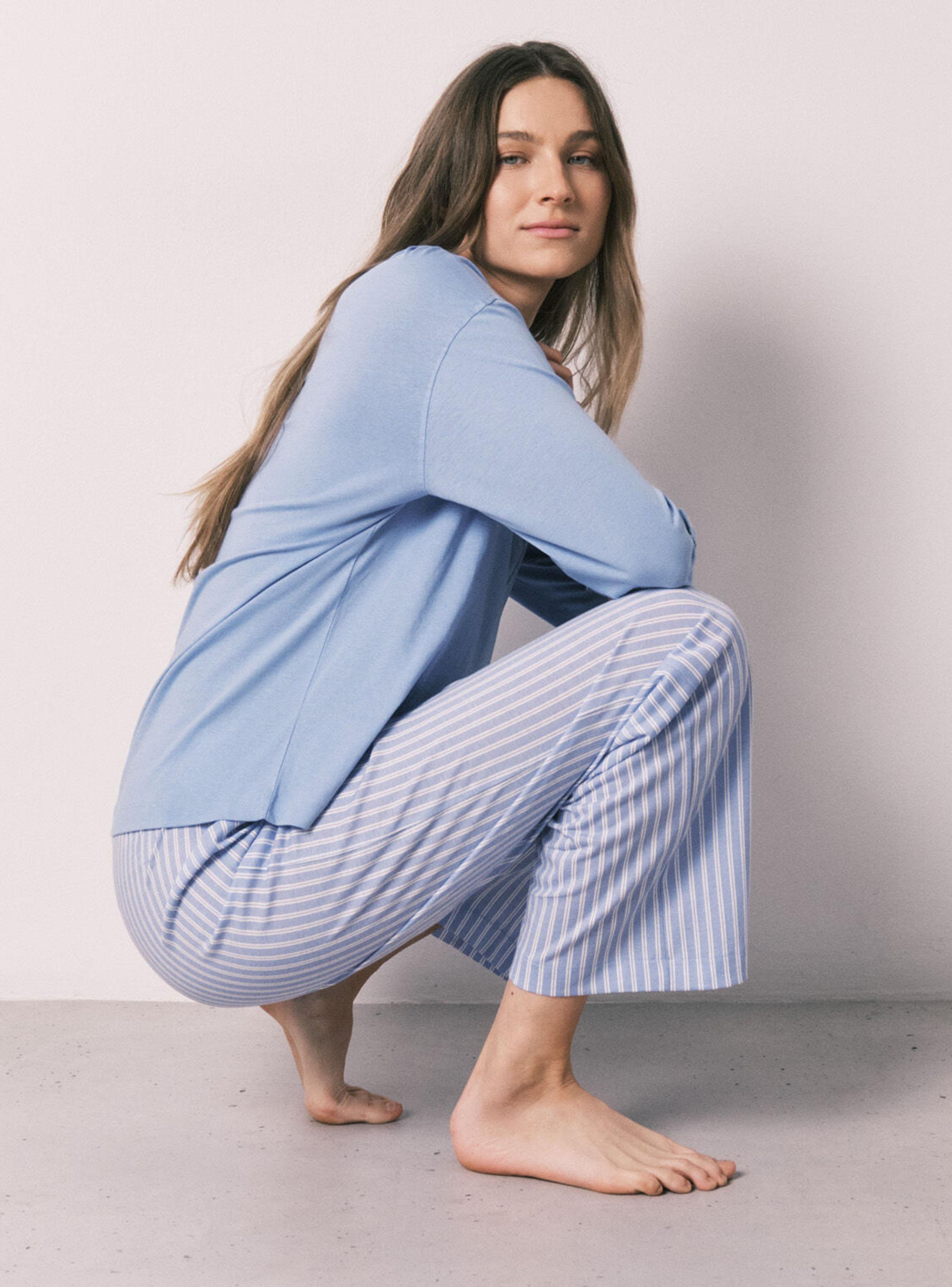 Pijama Largo Algodón Pantalón Rayas Azul-4