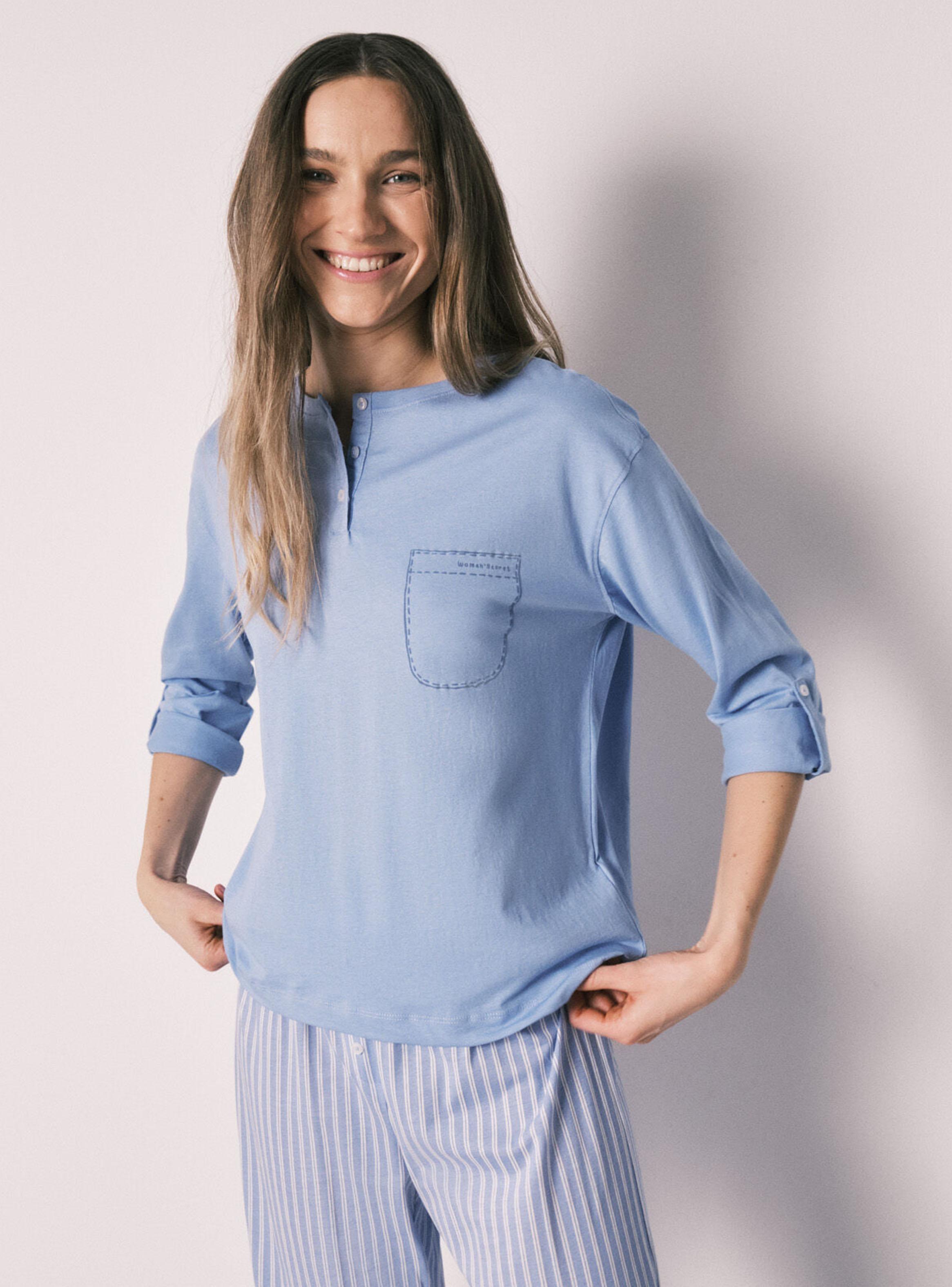Pijama Largo Algodón Pantalón Rayas Azul-2