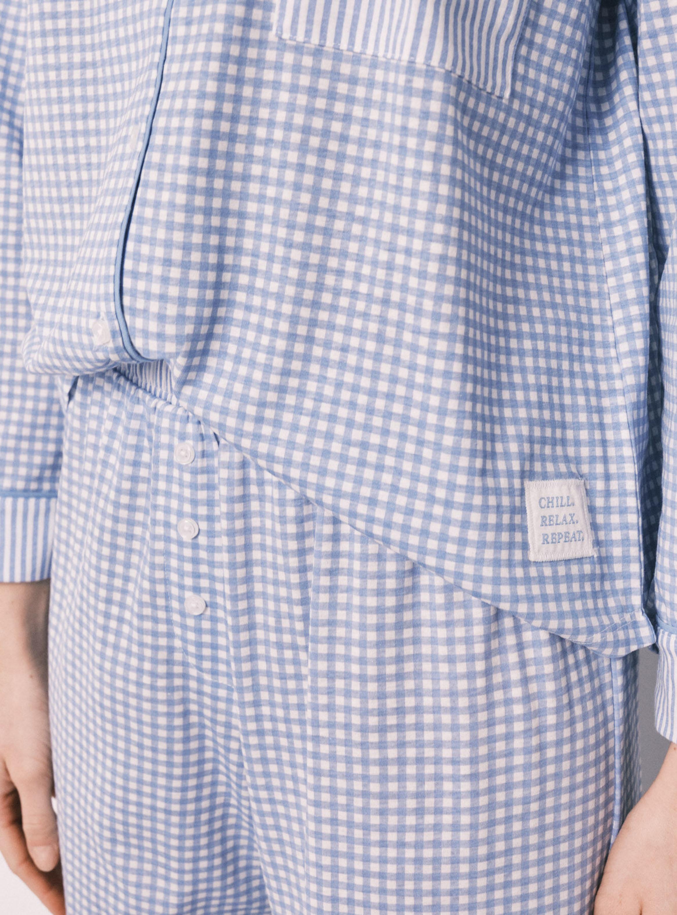 Pijama Camisero Largo Cuadros Vichy Azul Algodón-4