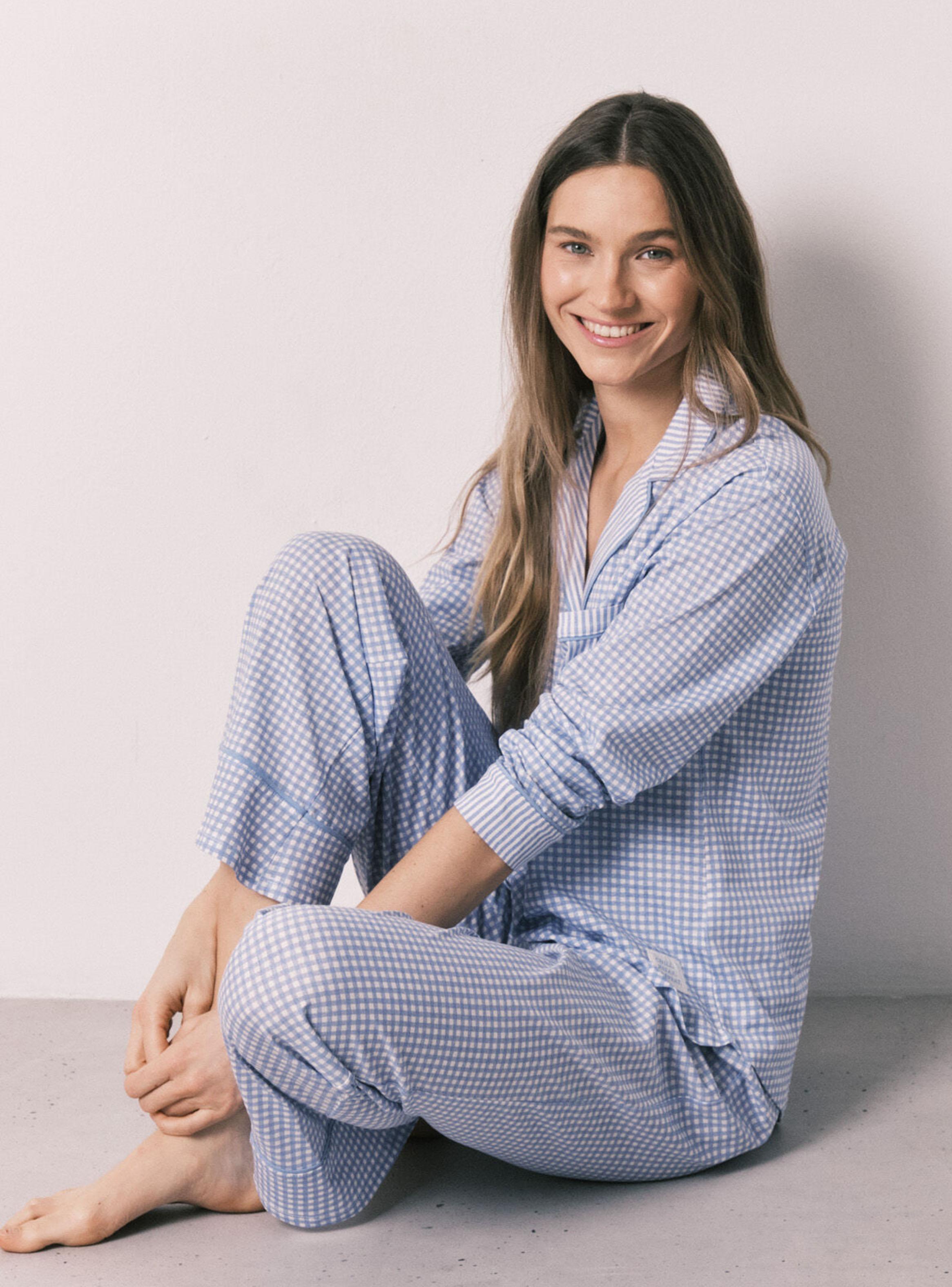 Pijama Camisero Largo Cuadros Vichy Azul Algodón-2