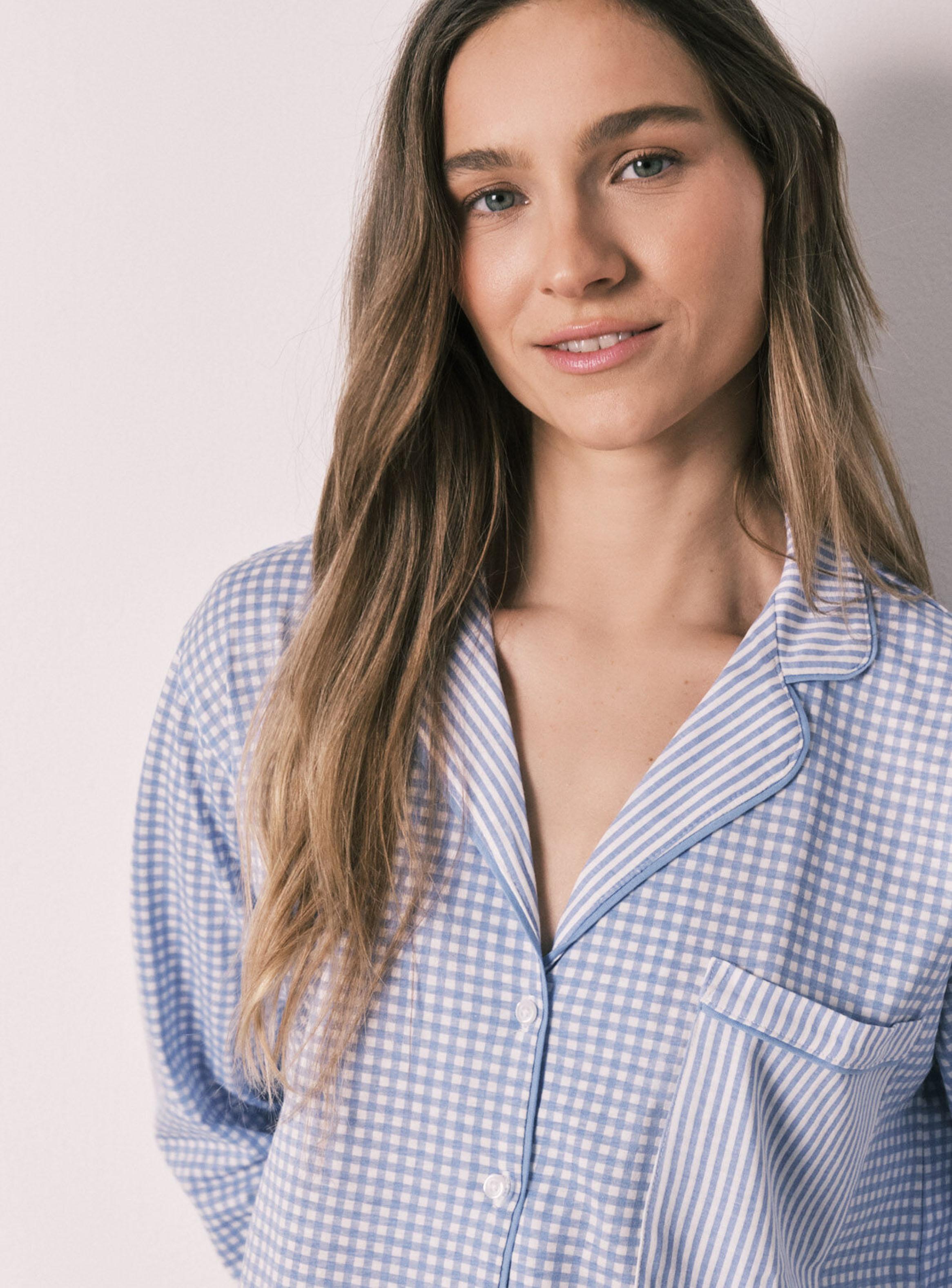 Pijama Camisero Largo Cuadros Vichy Azul Algodón-3