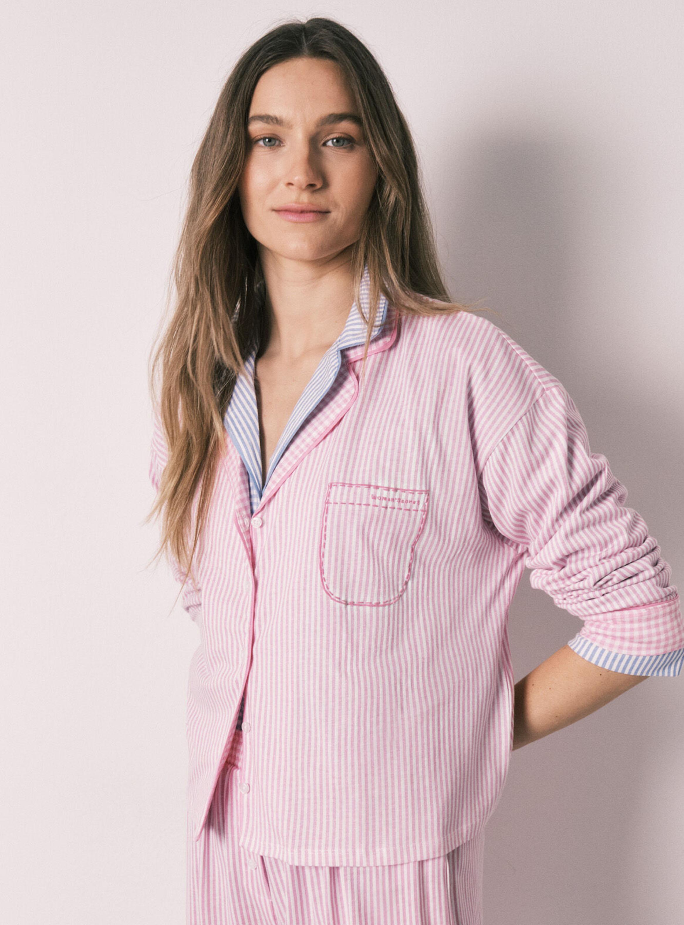 Pijama Camisero Largo Rayas Rosa Algodón-2