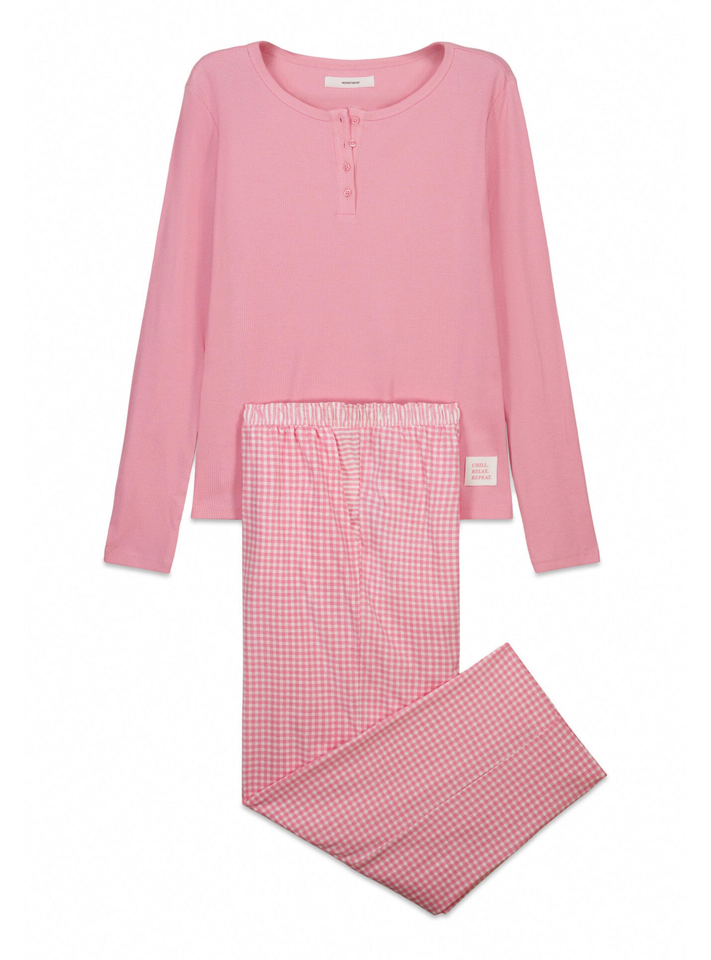 Pijama Largo Rosa Cuadros Vichy Algodón-5