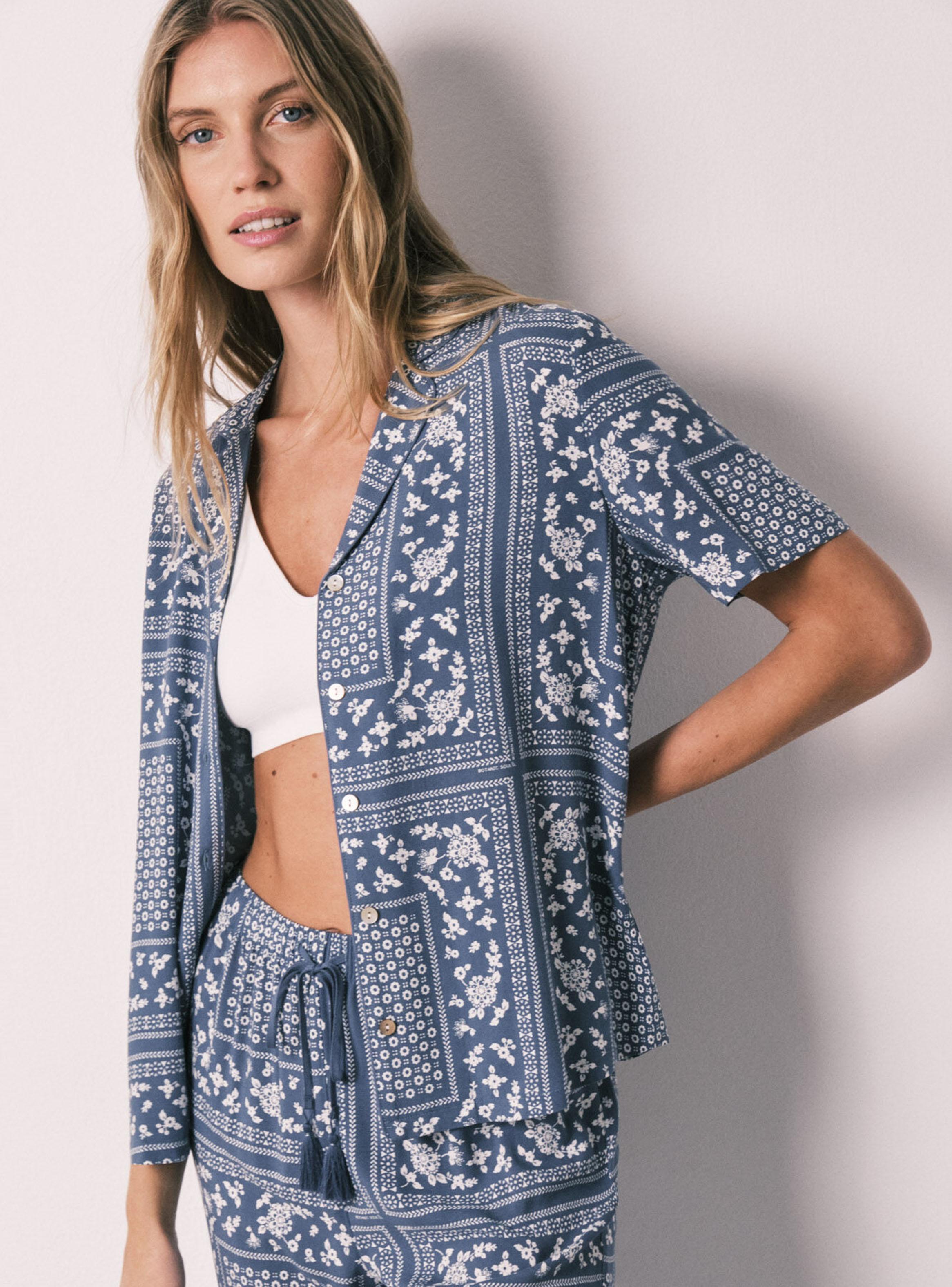 Pijama Camisero Largo Manga Corta Estampado Bandana Azul-3