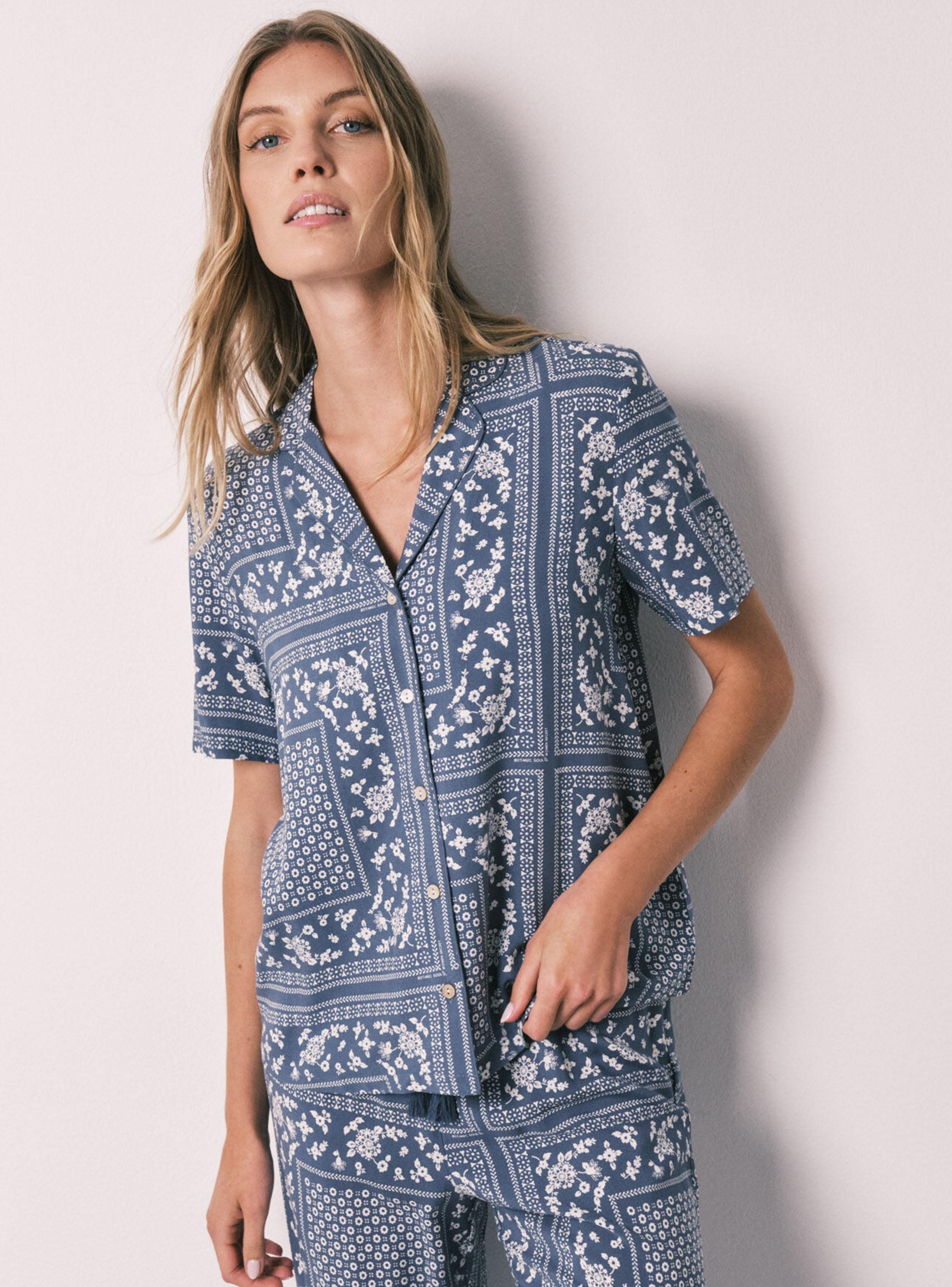 Pijama Camisero Largo Manga Corta Estampado Bandana Azul-2