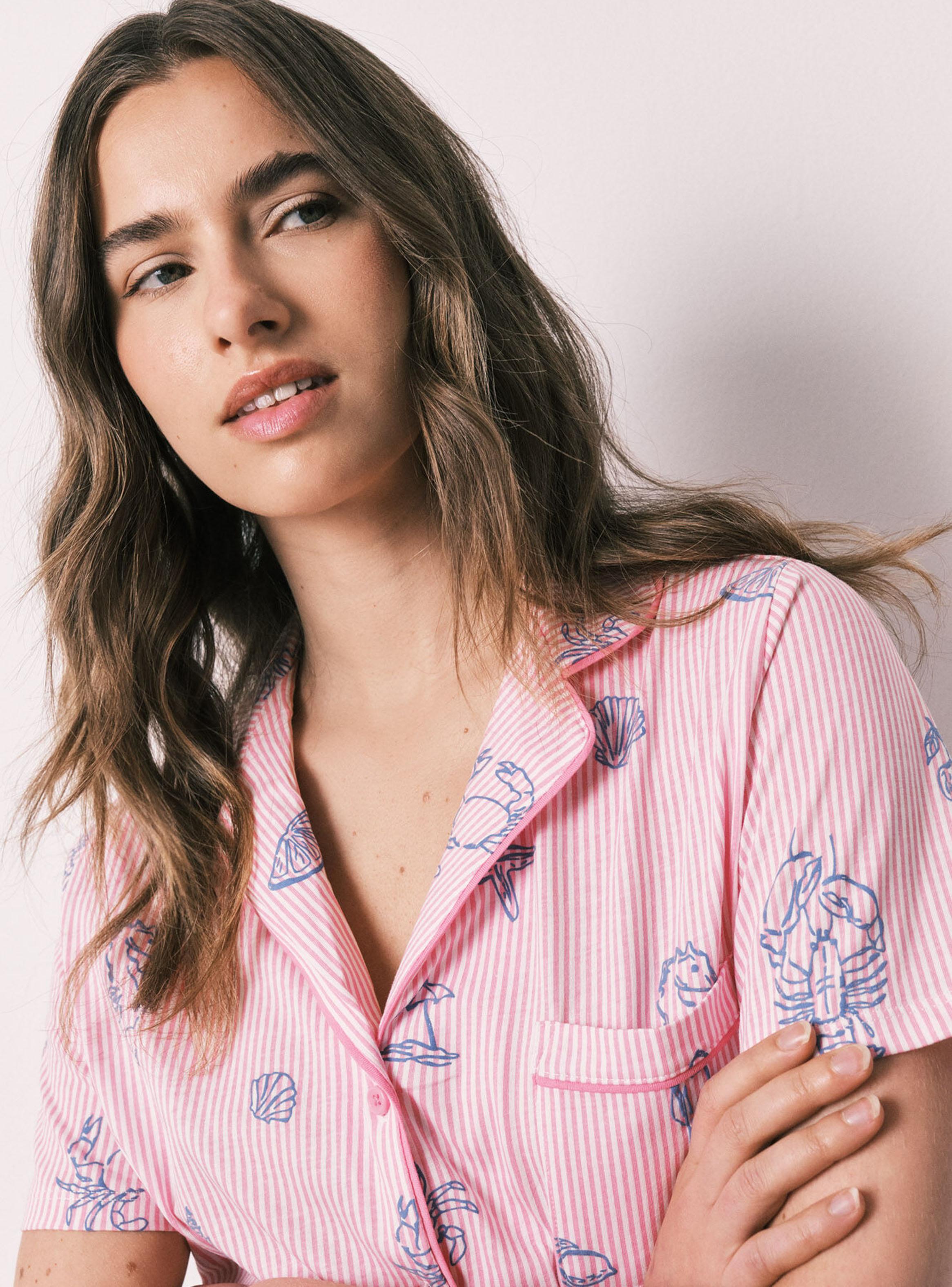 Pijama Camisero Algodón Rayas Rosa-3