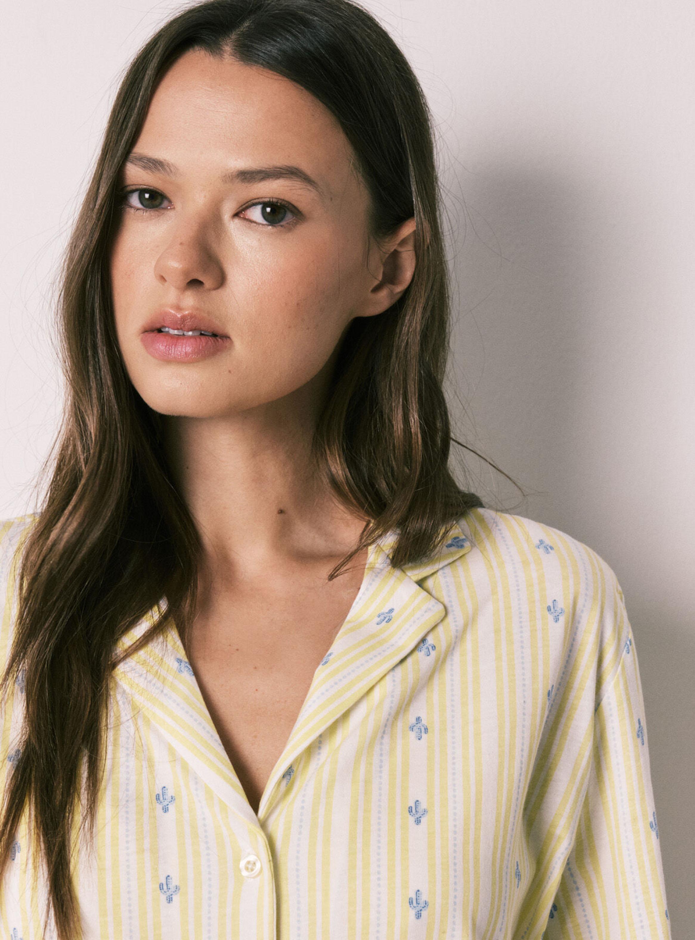 Pijama Corto Camisero Algodón Amarillo-3