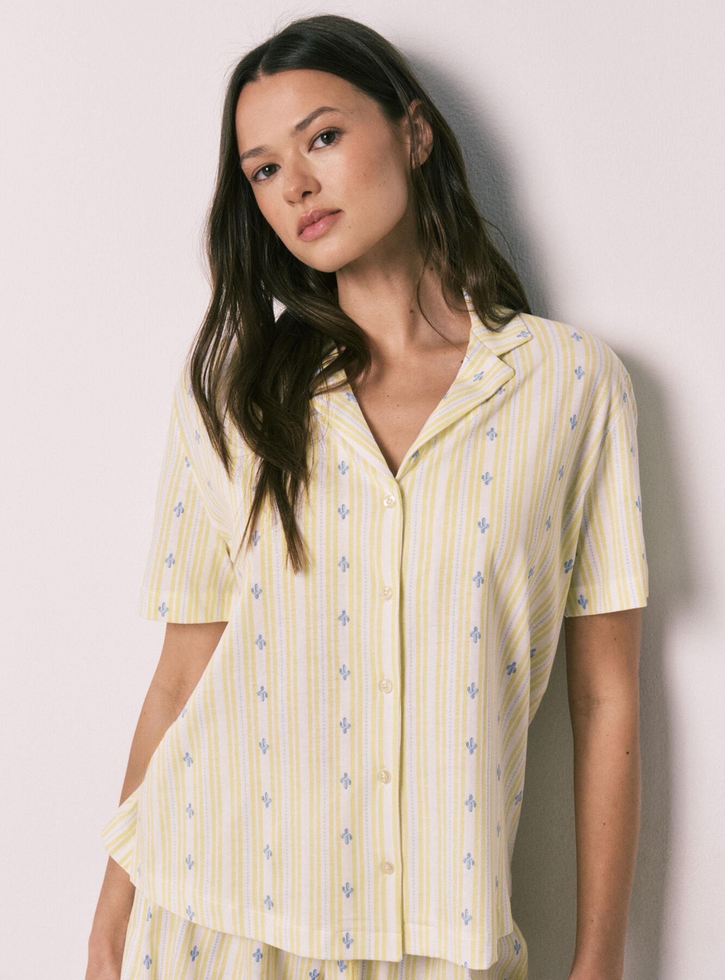 Pijama Corto Camisero Algodón Amarillo-2