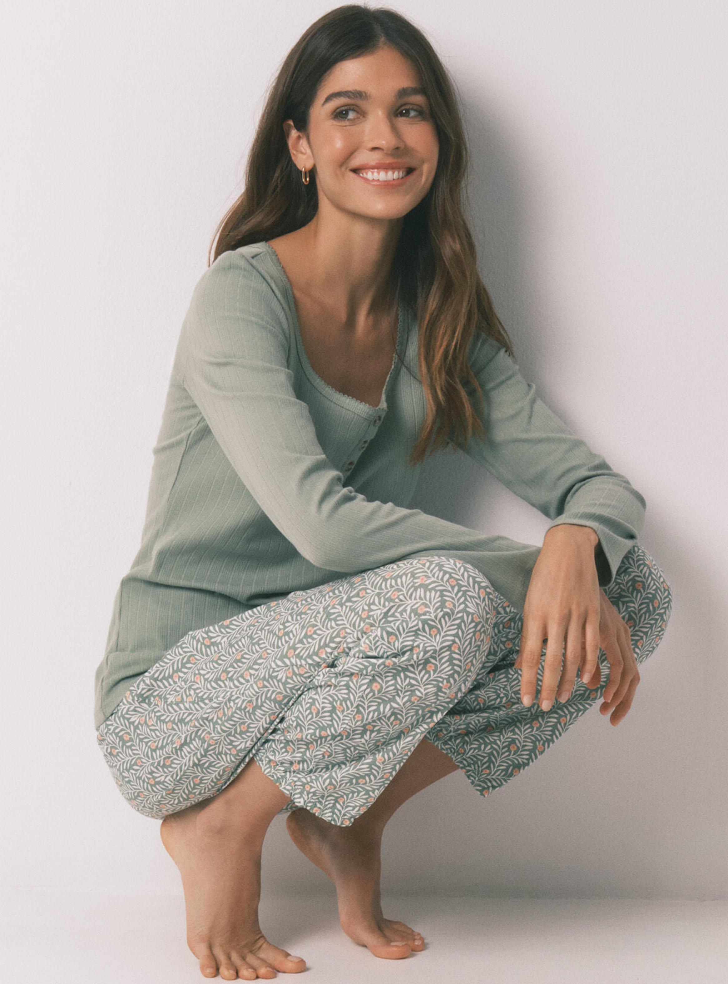 Pijama Largo Algodón Estampado Flores Verde-3