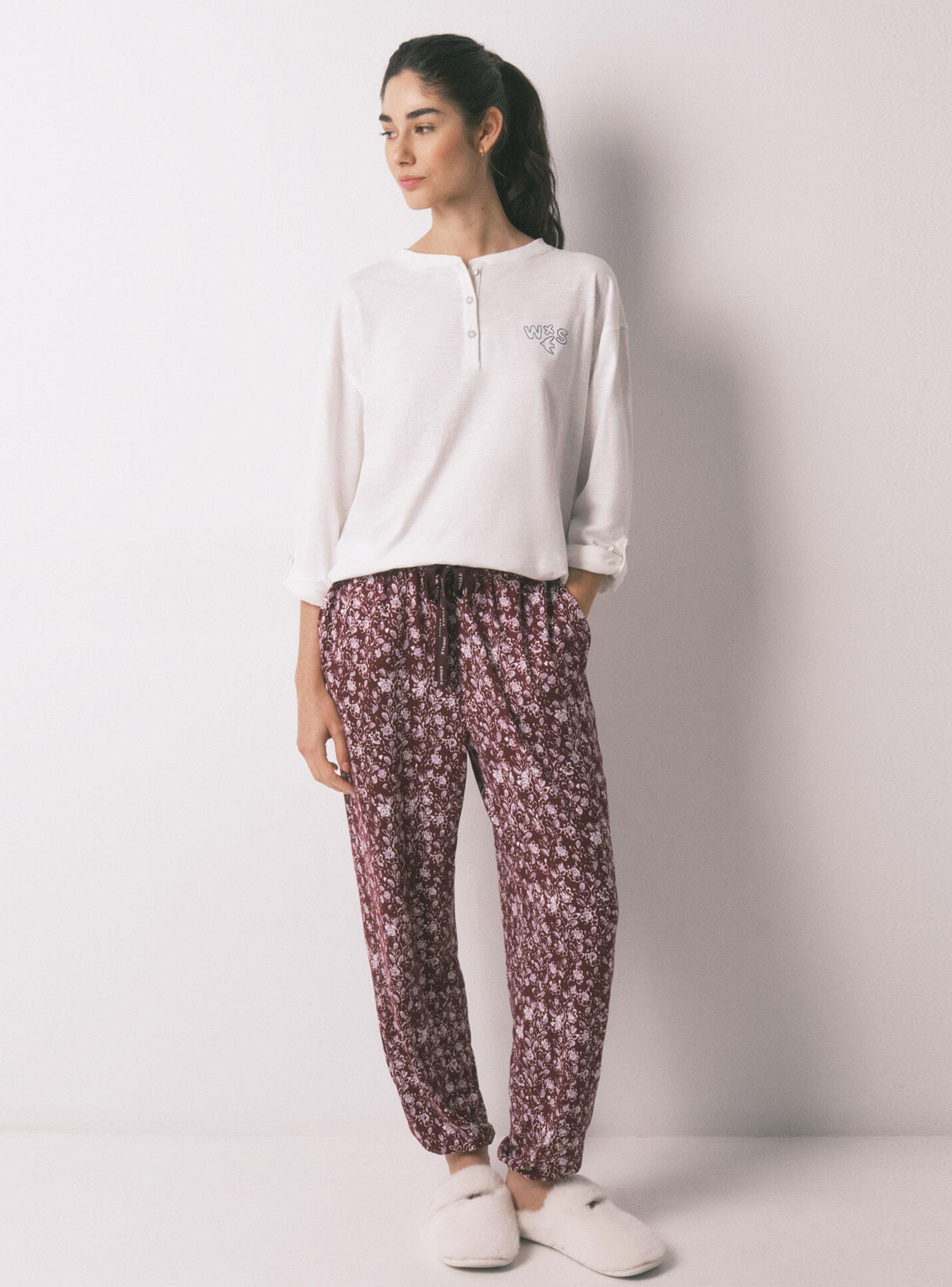 Pantalón Largo Granate Estampado Flores-4