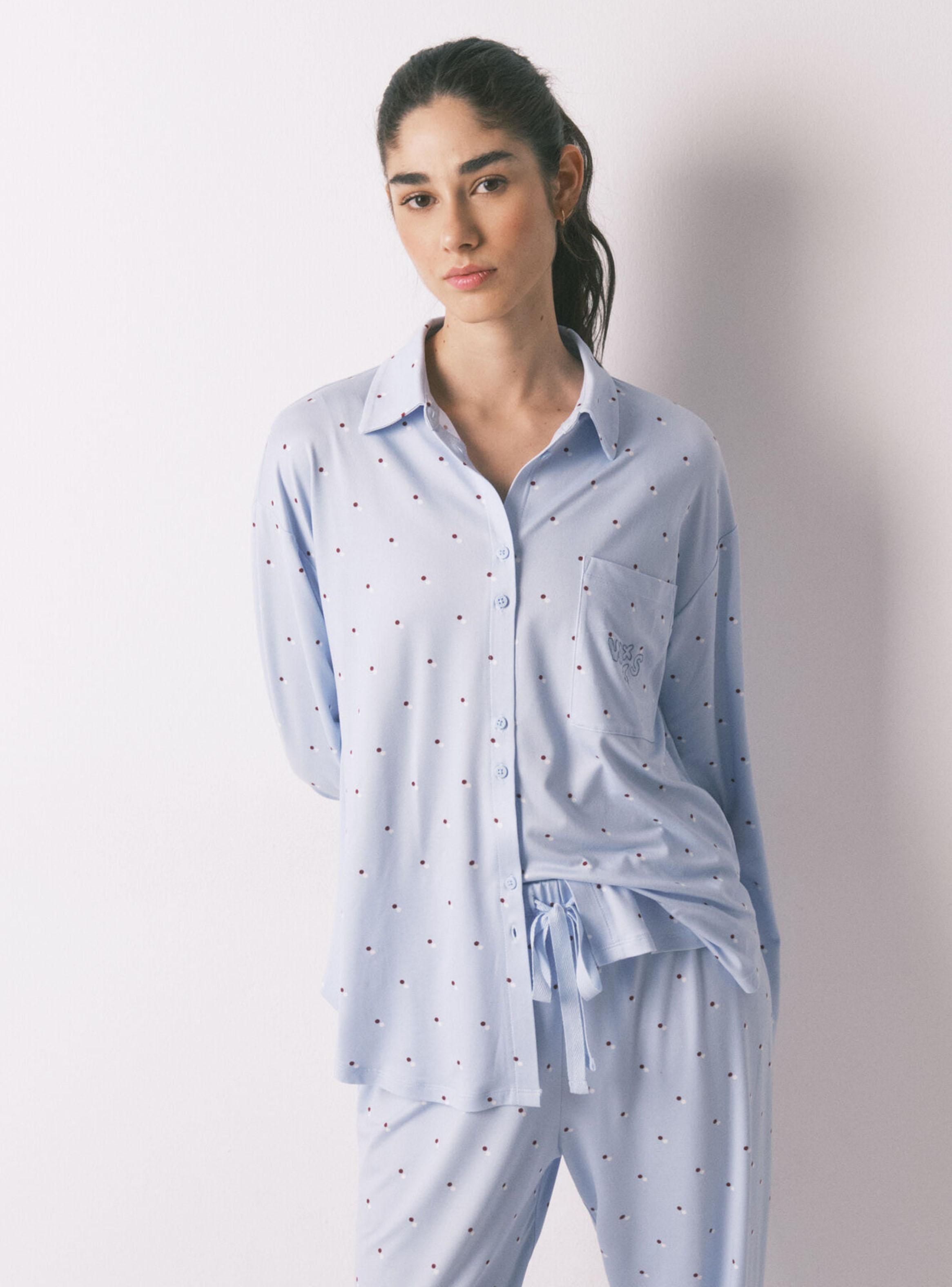Pijama Camisero Largo Azul Estampado Puntos-2