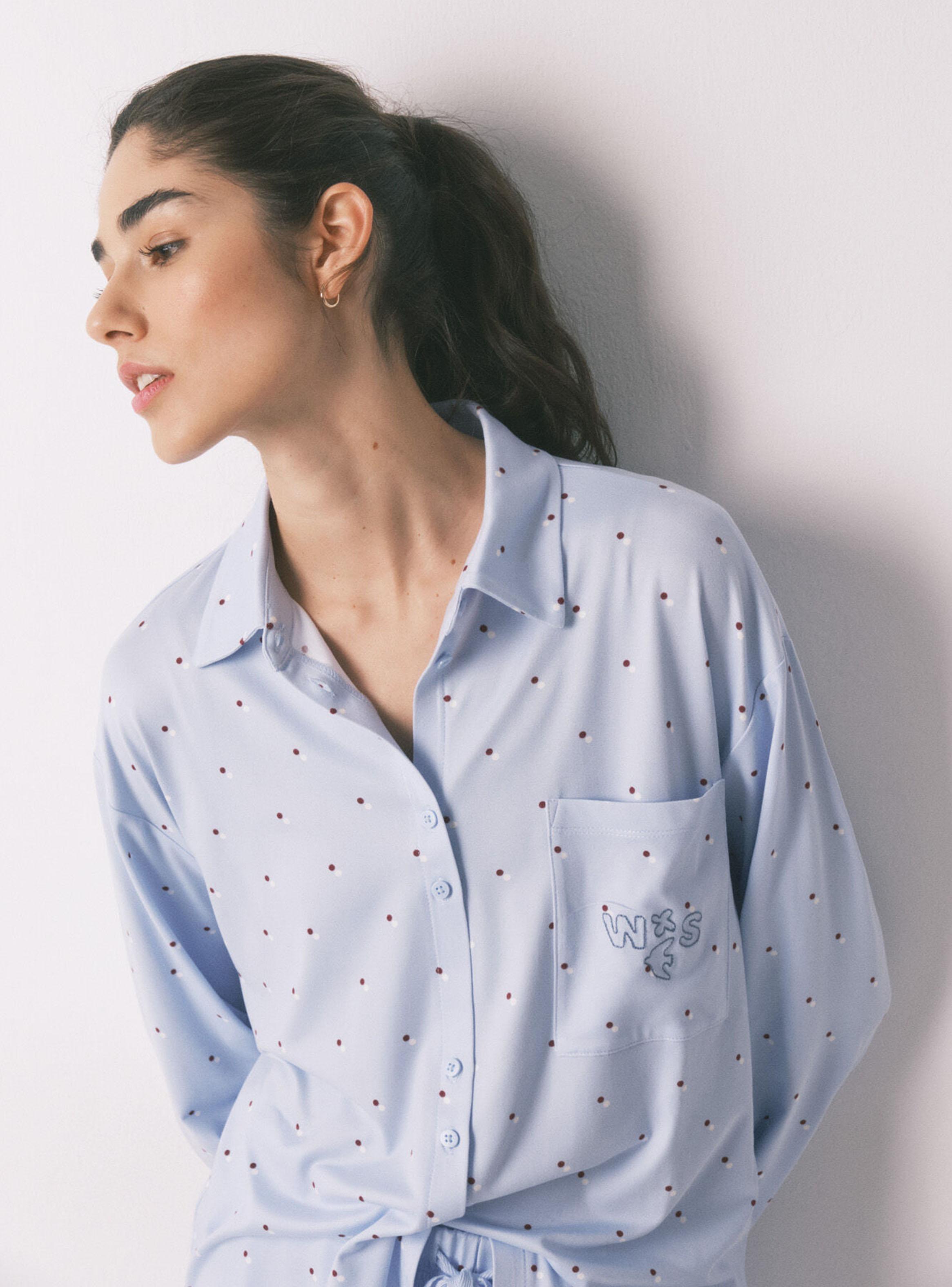 Pijama Camisero Largo Azul Estampado Puntos-3