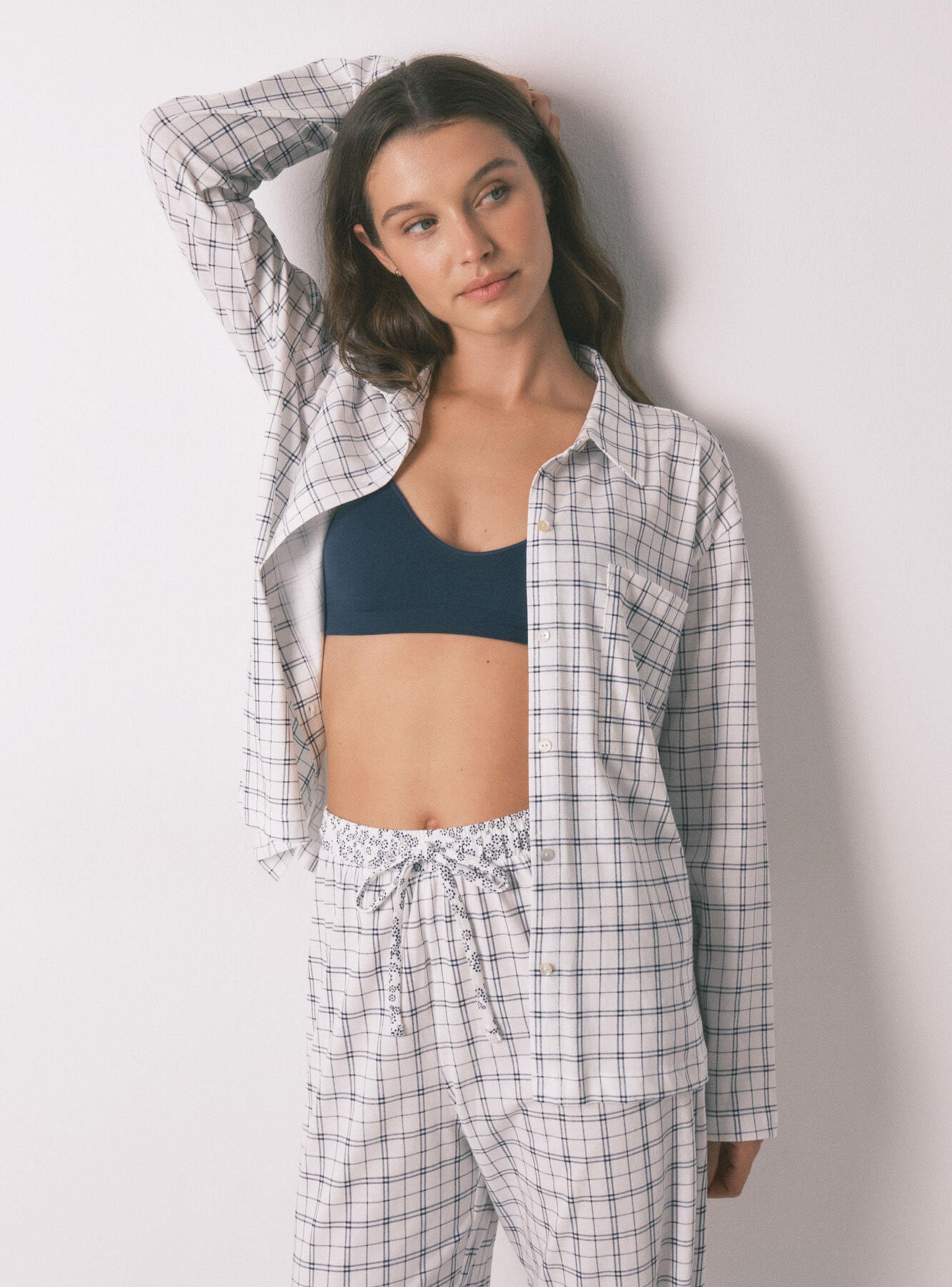 Pijama Camisero Algodón Cuadros Azul-2