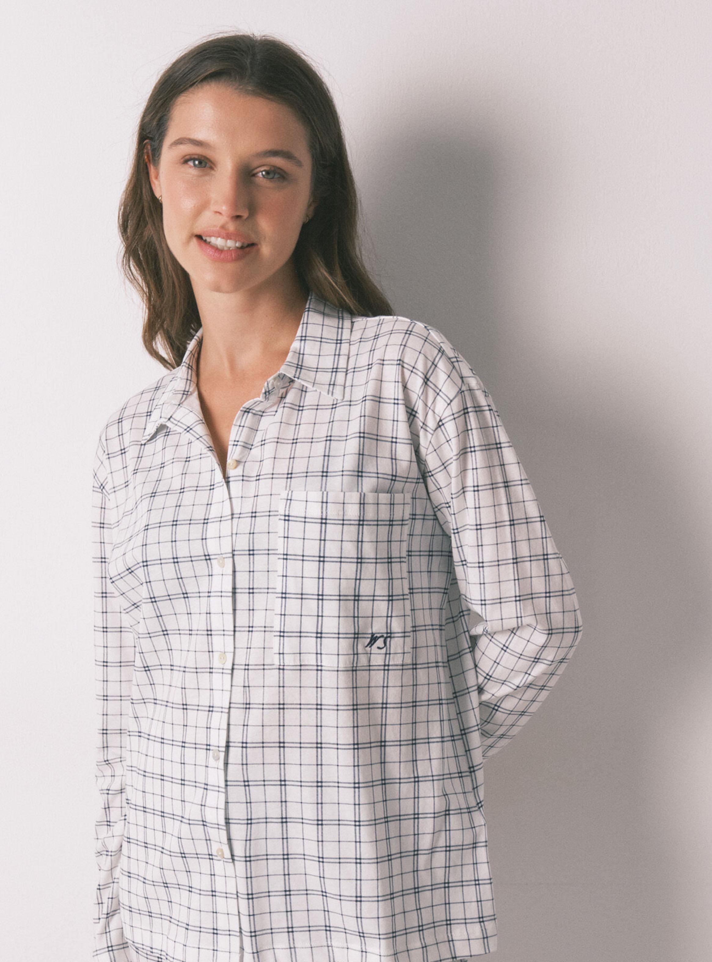 Pijama Camisero Algodón Cuadros Azul-3