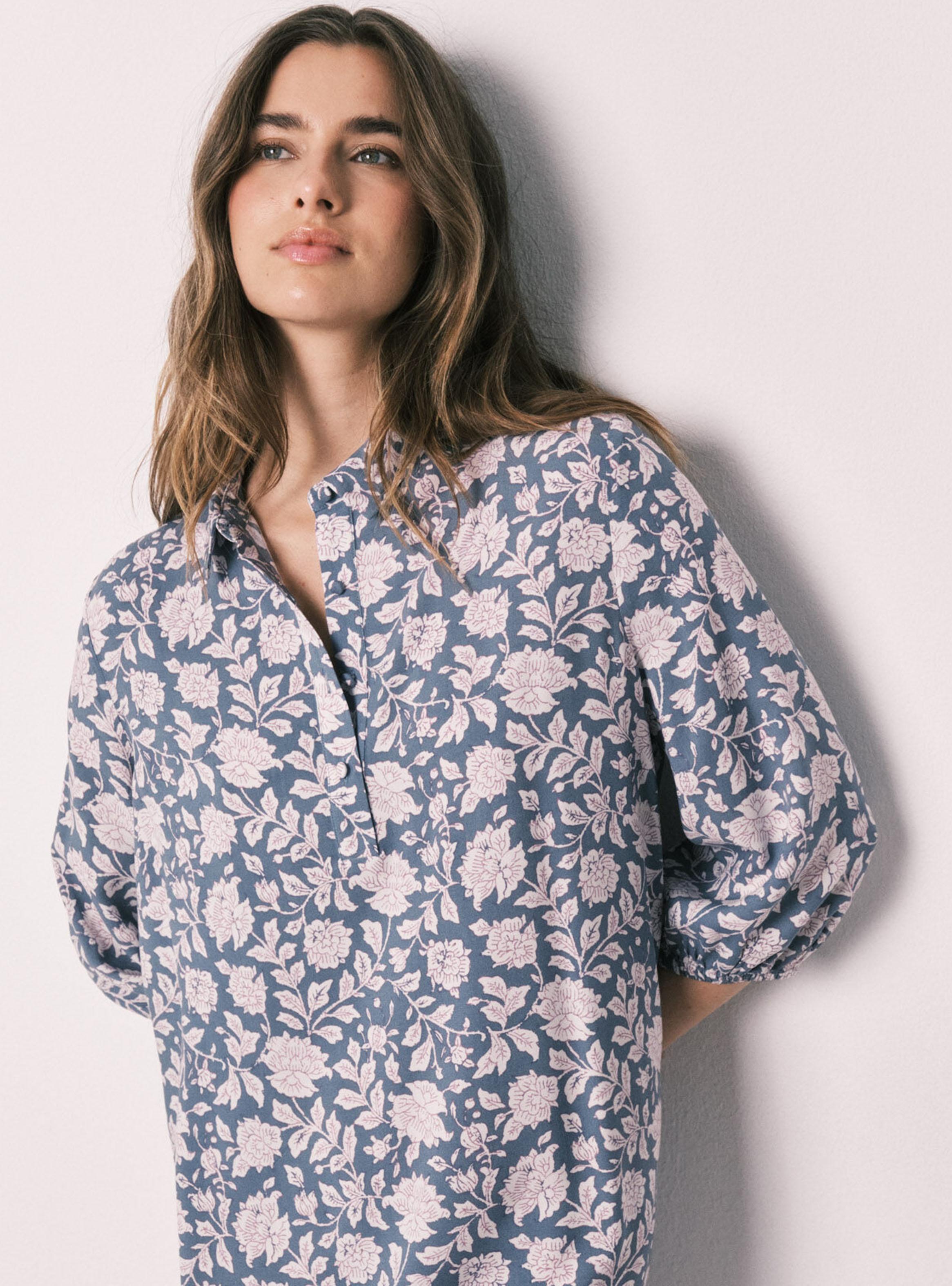 Camisola Larga Viscosa Estampado Flores Rosa-3
