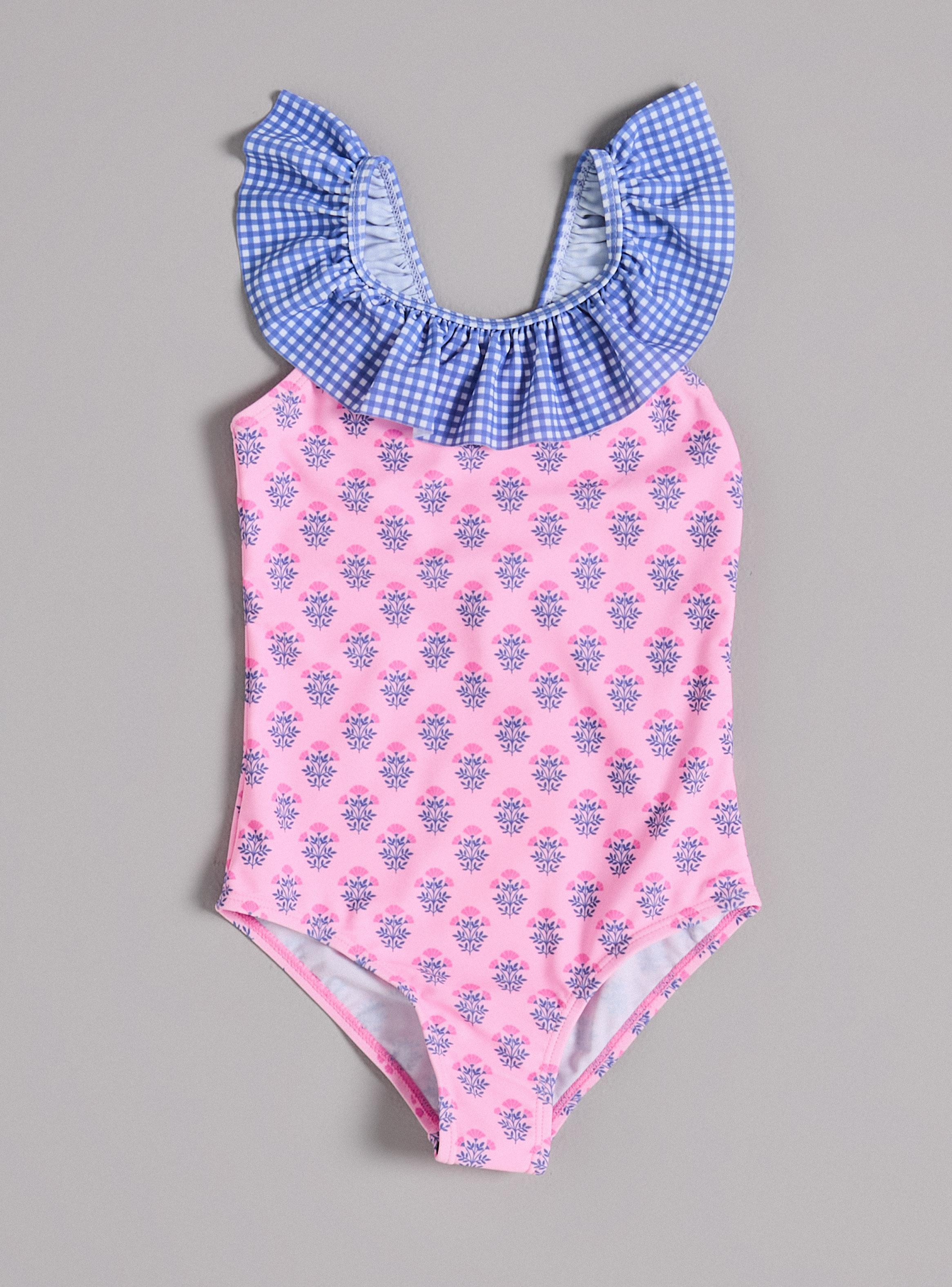 Traje de Baño Diseño Estampado con Vuelo en Contraste-0
