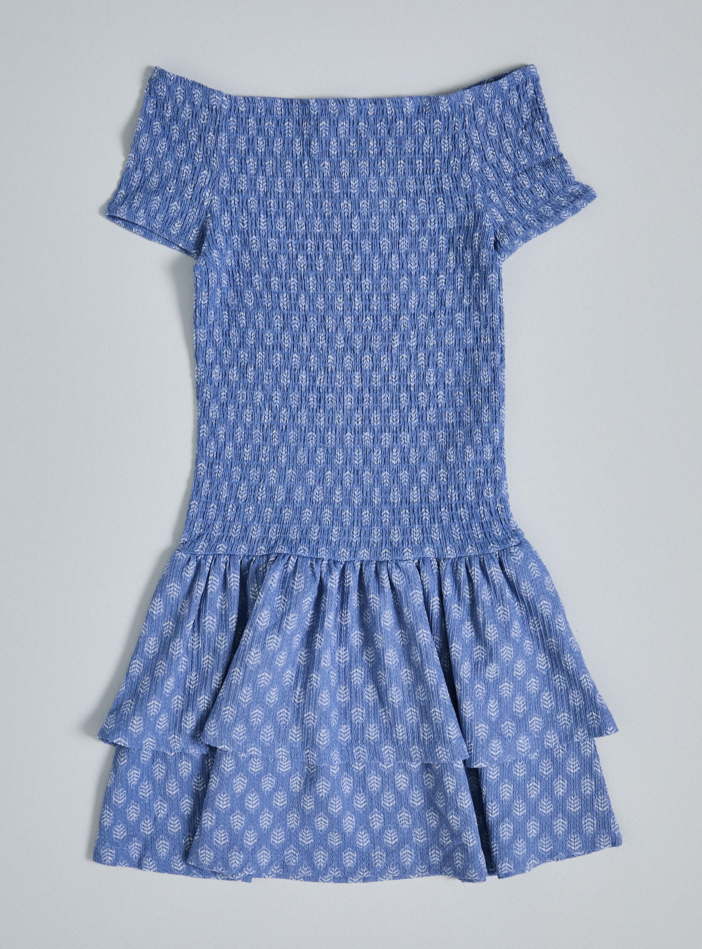 Vestido Cuerpo Panal Cuello Bardot con Vuelos Estampado-2
