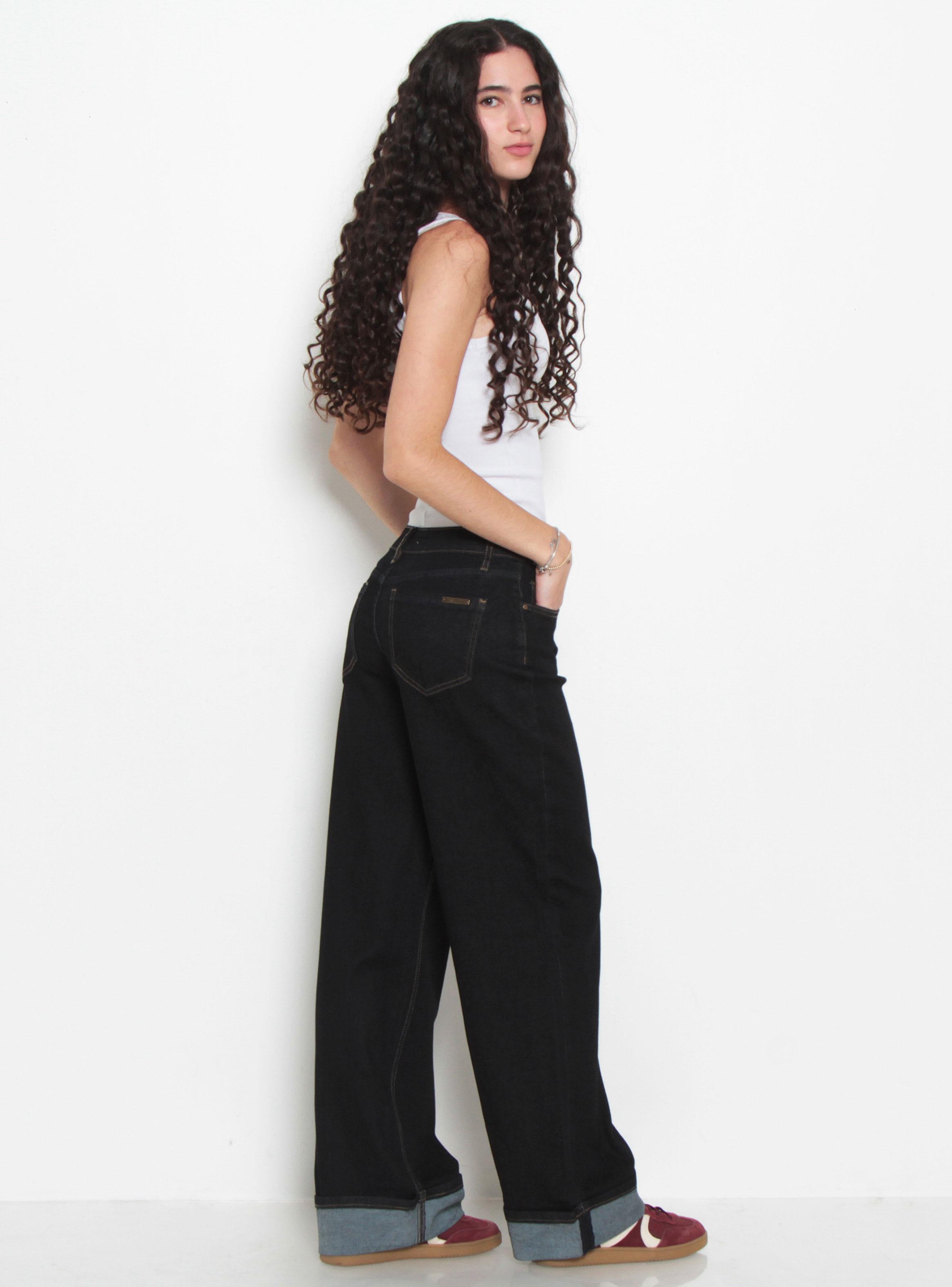 Jeans Wide Leg Cuffed Tiro Alto Pretina Básica 1 Botón-4