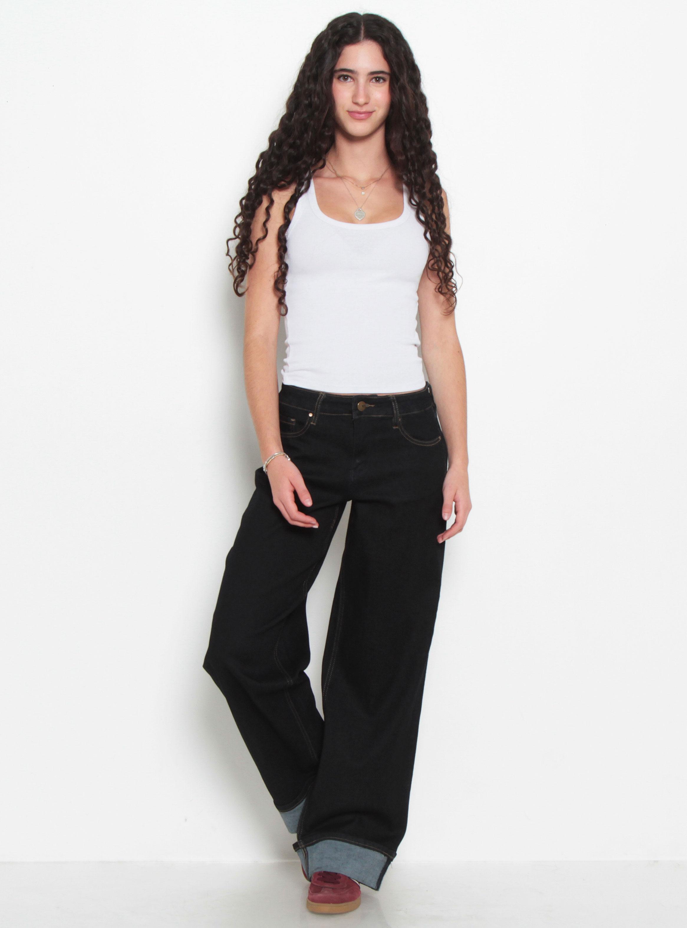 Jeans Wide Leg Cuffed Tiro Alto Pretina Básica 1 Botón-3