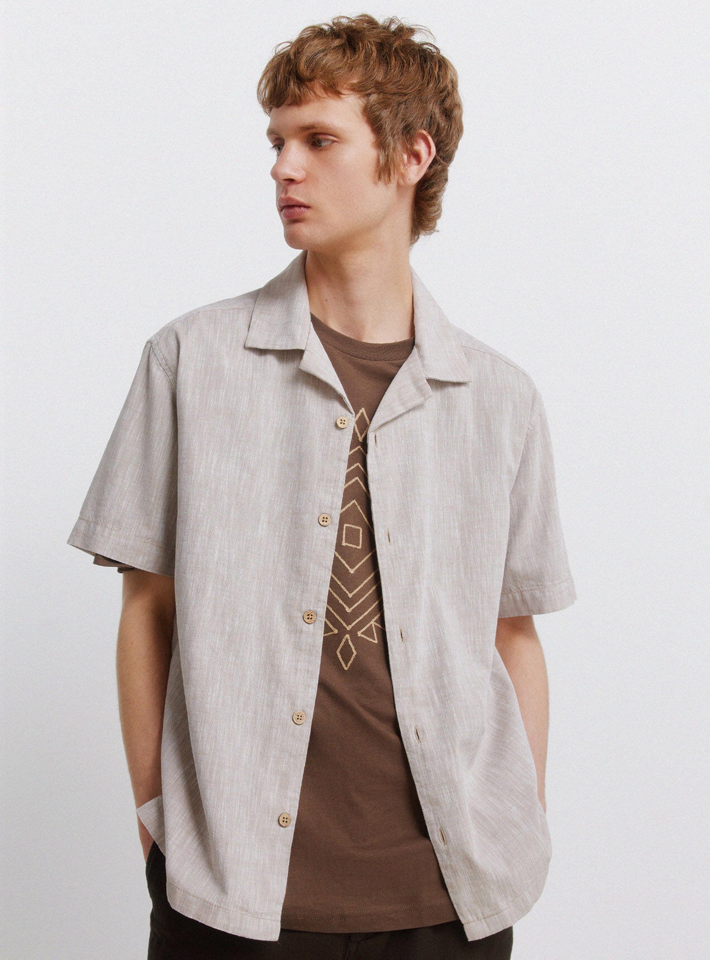 Camisa Bowling Efecto Lino Manga Corta-0