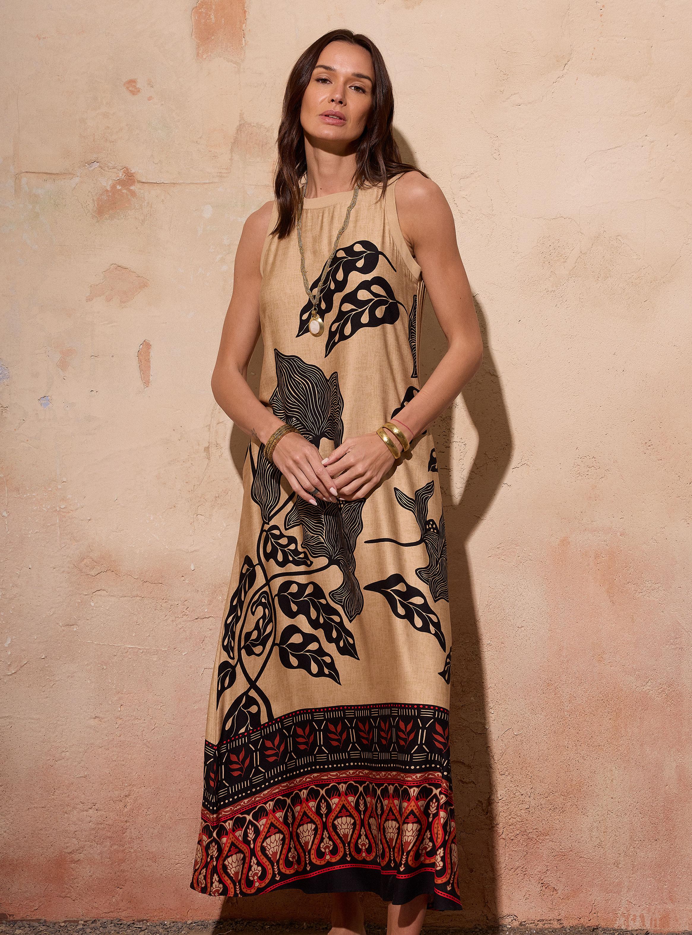 Vestido Satinado Full Print Cuello Tejido-0