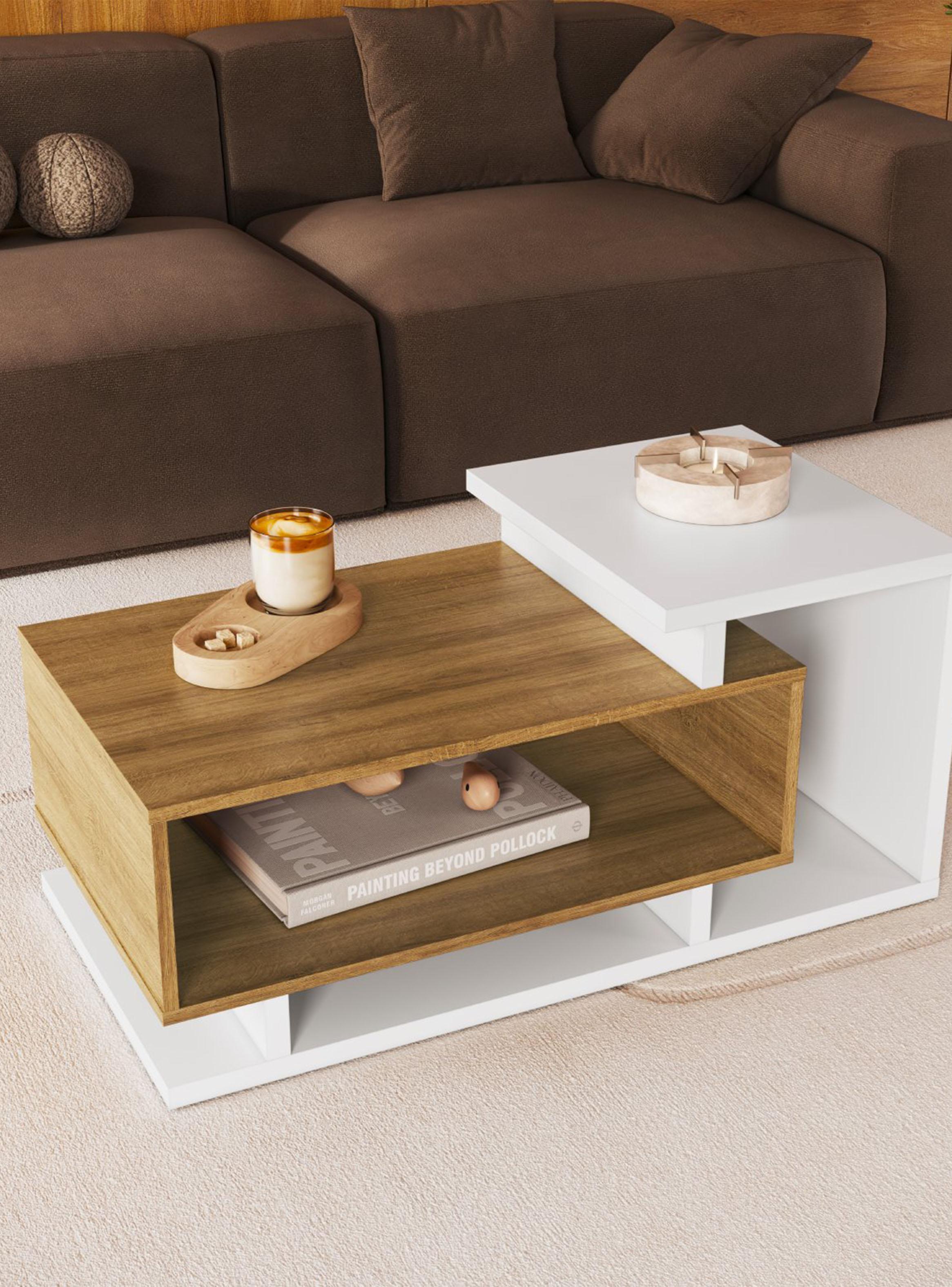 Mesa de Centro Bicolor Blanco Miel Estilo Nórdico-5