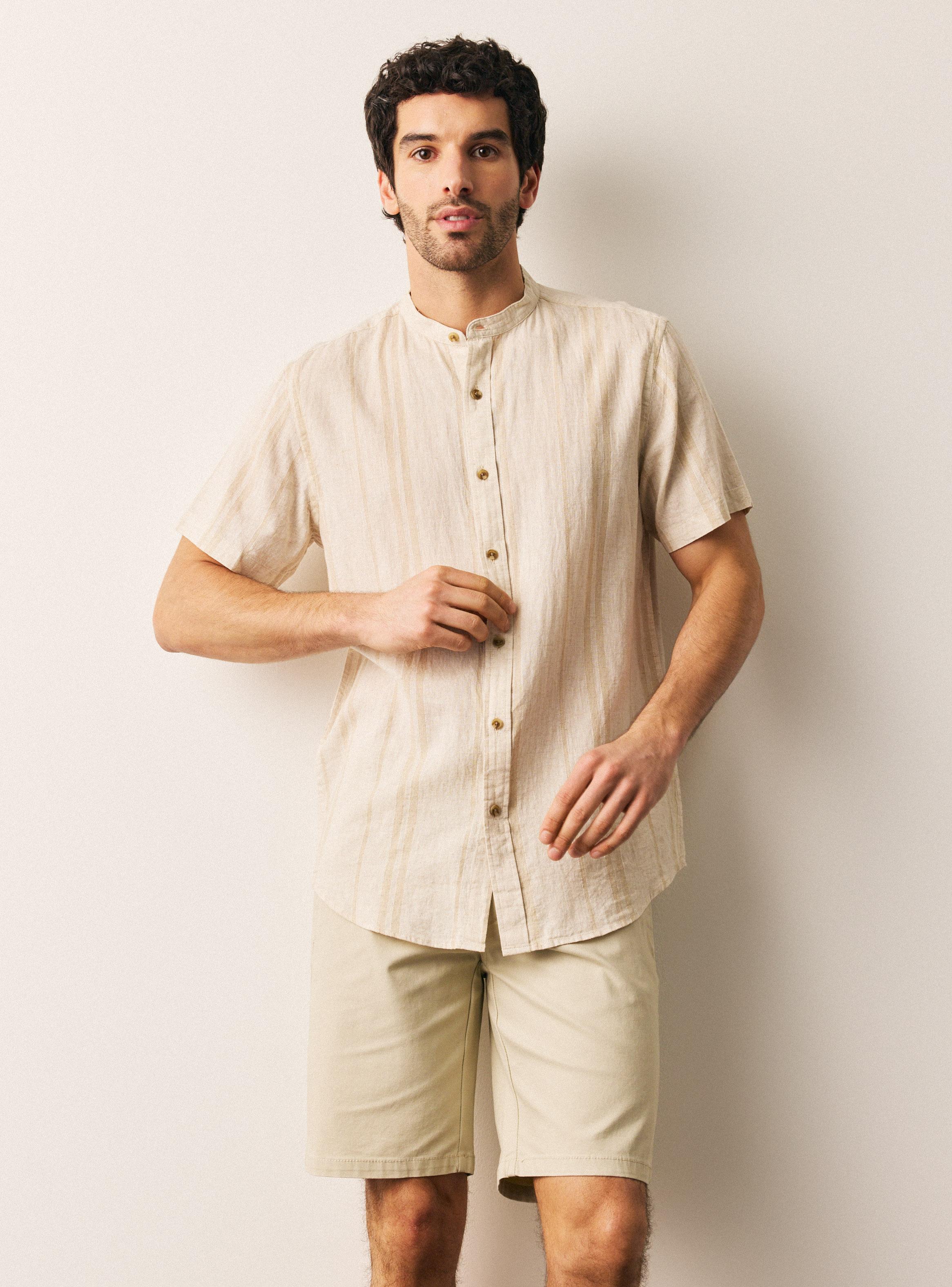 Camisa Manga Corta Rayada Textura Cuello Mao-0