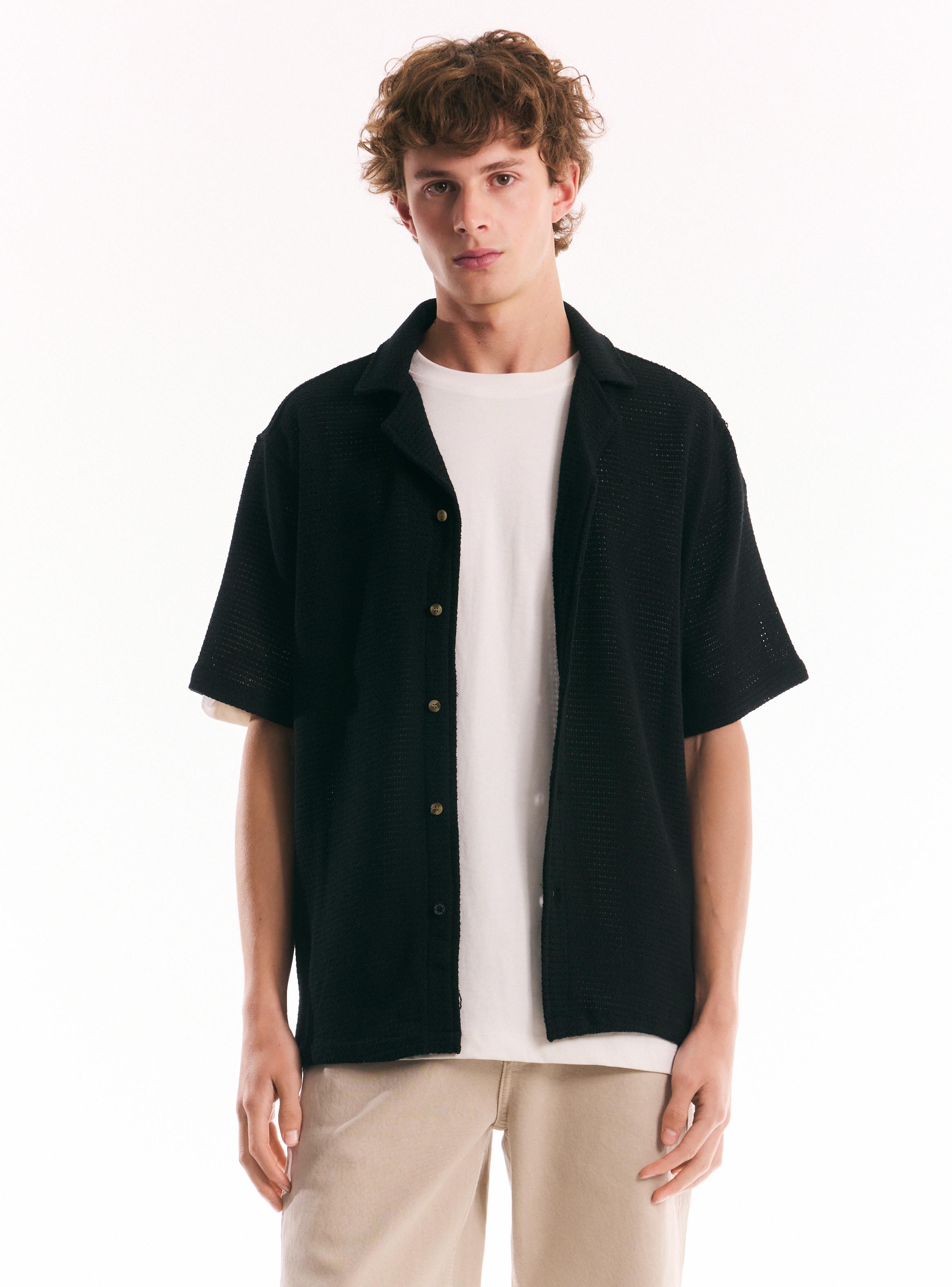 Camisa Lino Algodón con Cuello Resort Tejida-0