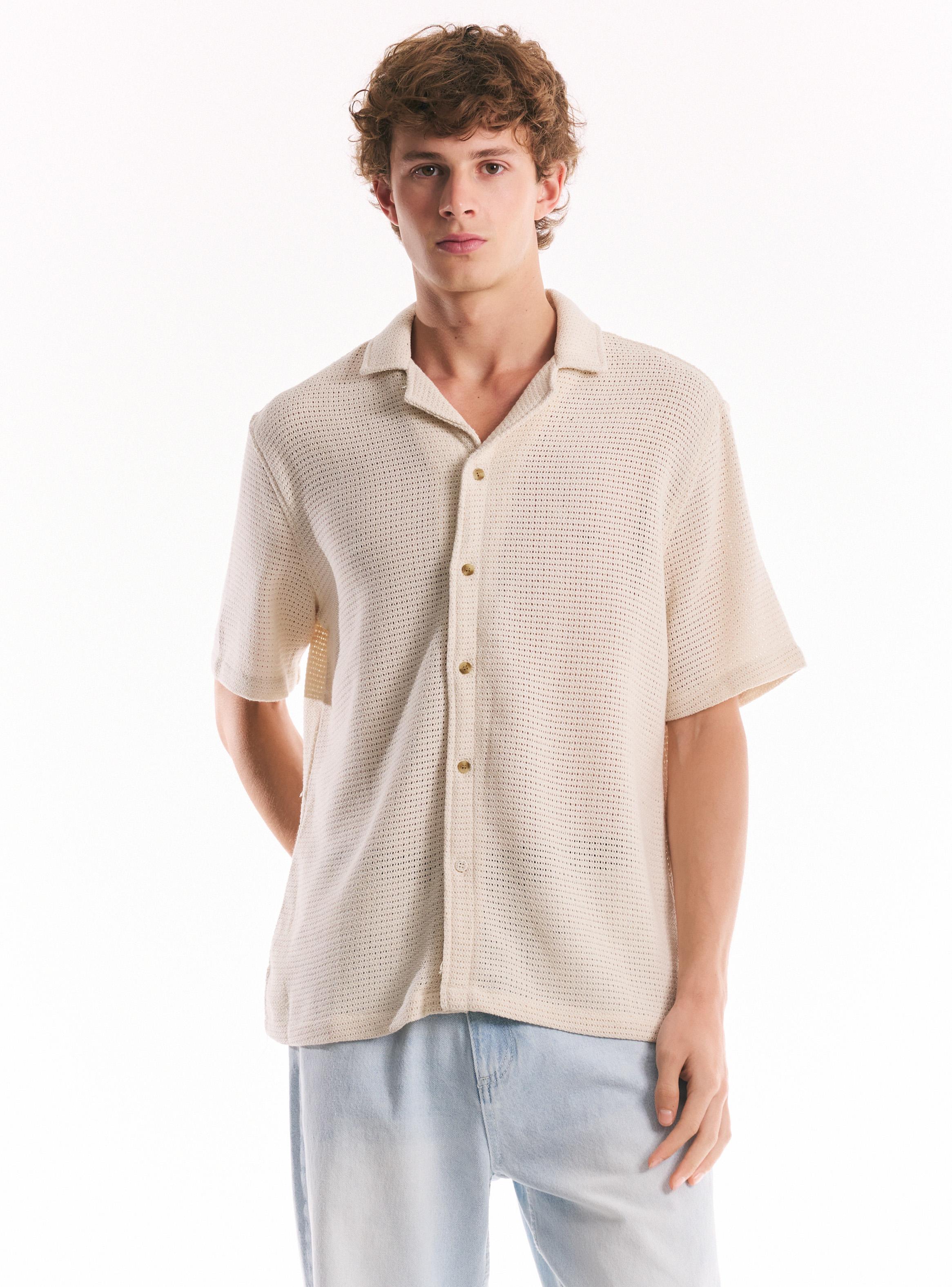 Camisa Lino Algodón con Cuello Resort Tejida-0