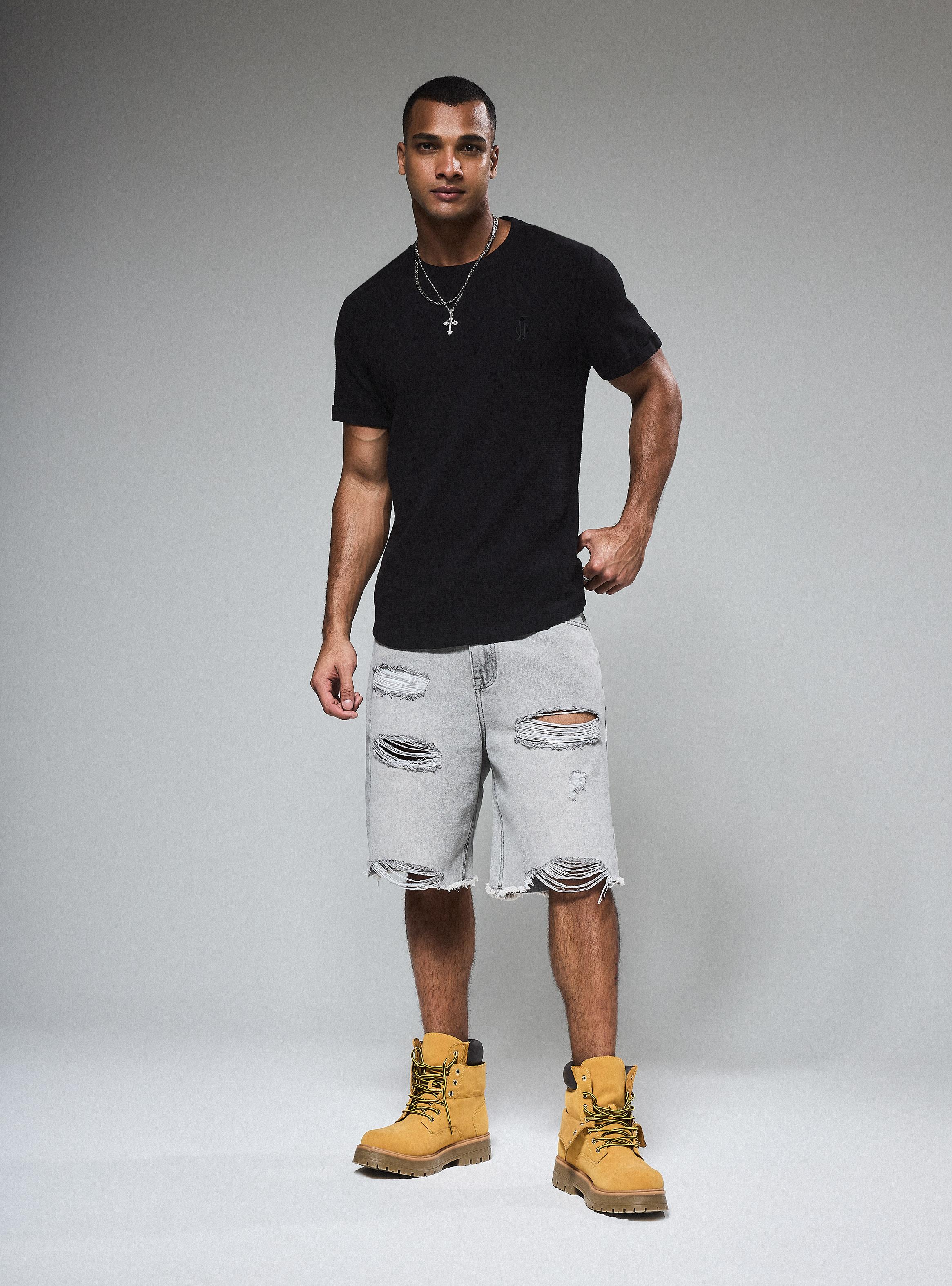 Polera Long Fit Tela Líneas Manga Corta-4