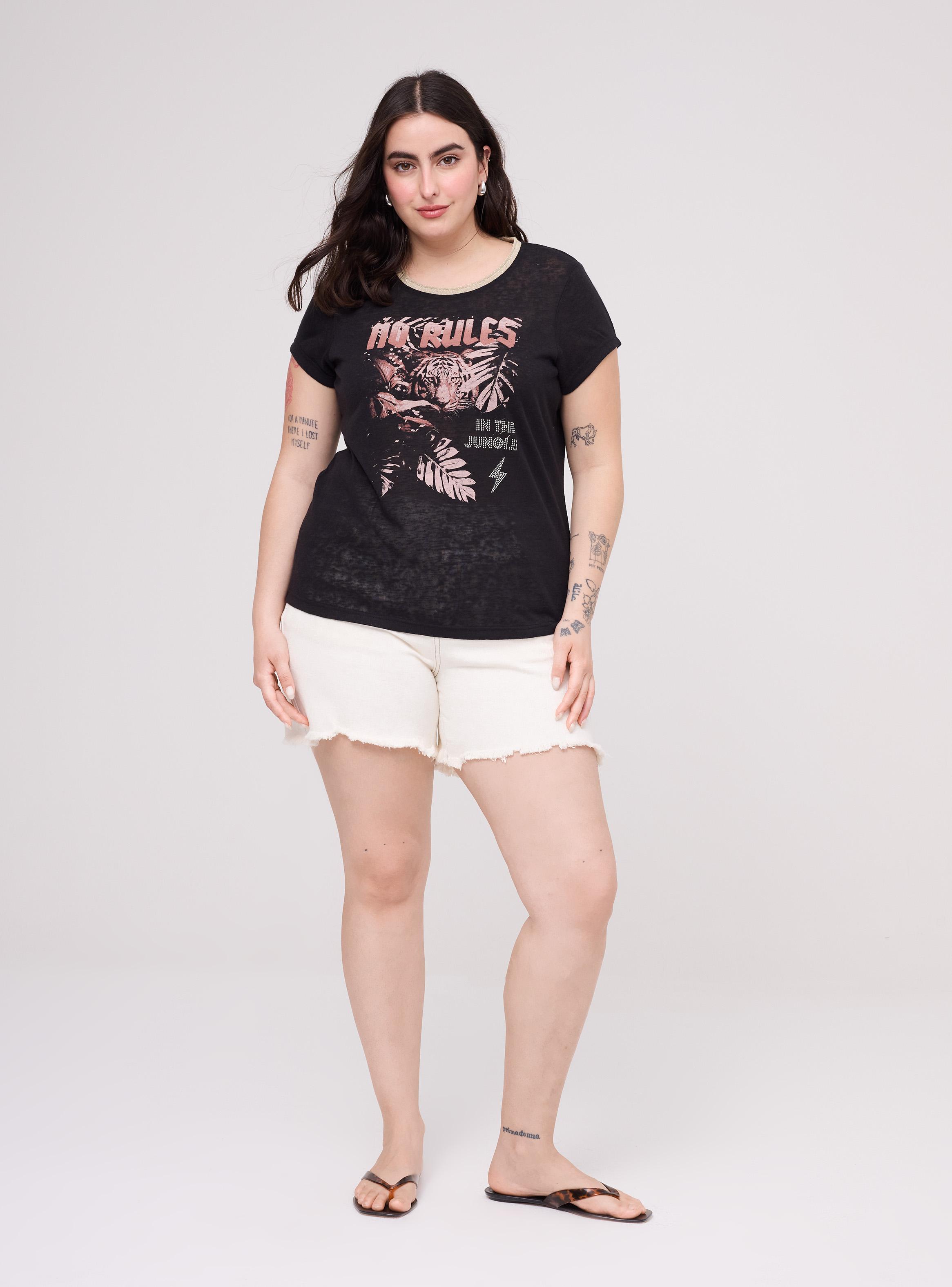 Polera Estampado con Brillos Manga Corta Cuello Redondo-4