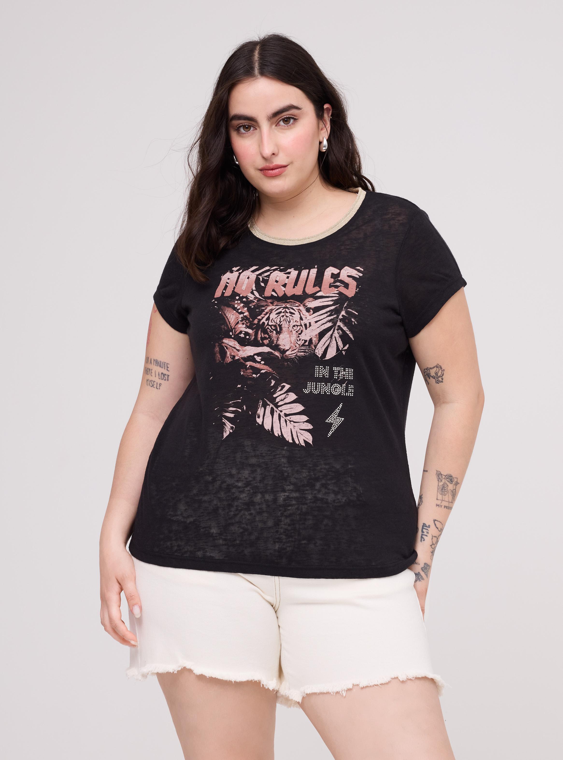 Polera Estampado con Brillos Manga Corta Cuello Redondo-0