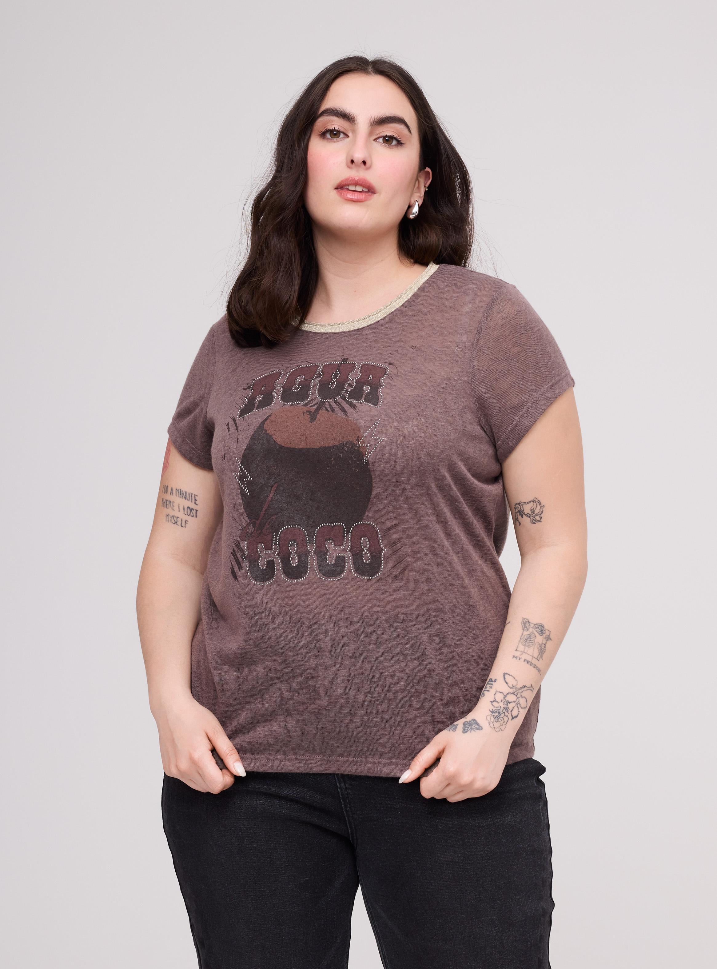 Polera Estampado con Brillos Manga Corta Cuello Redondo-0
